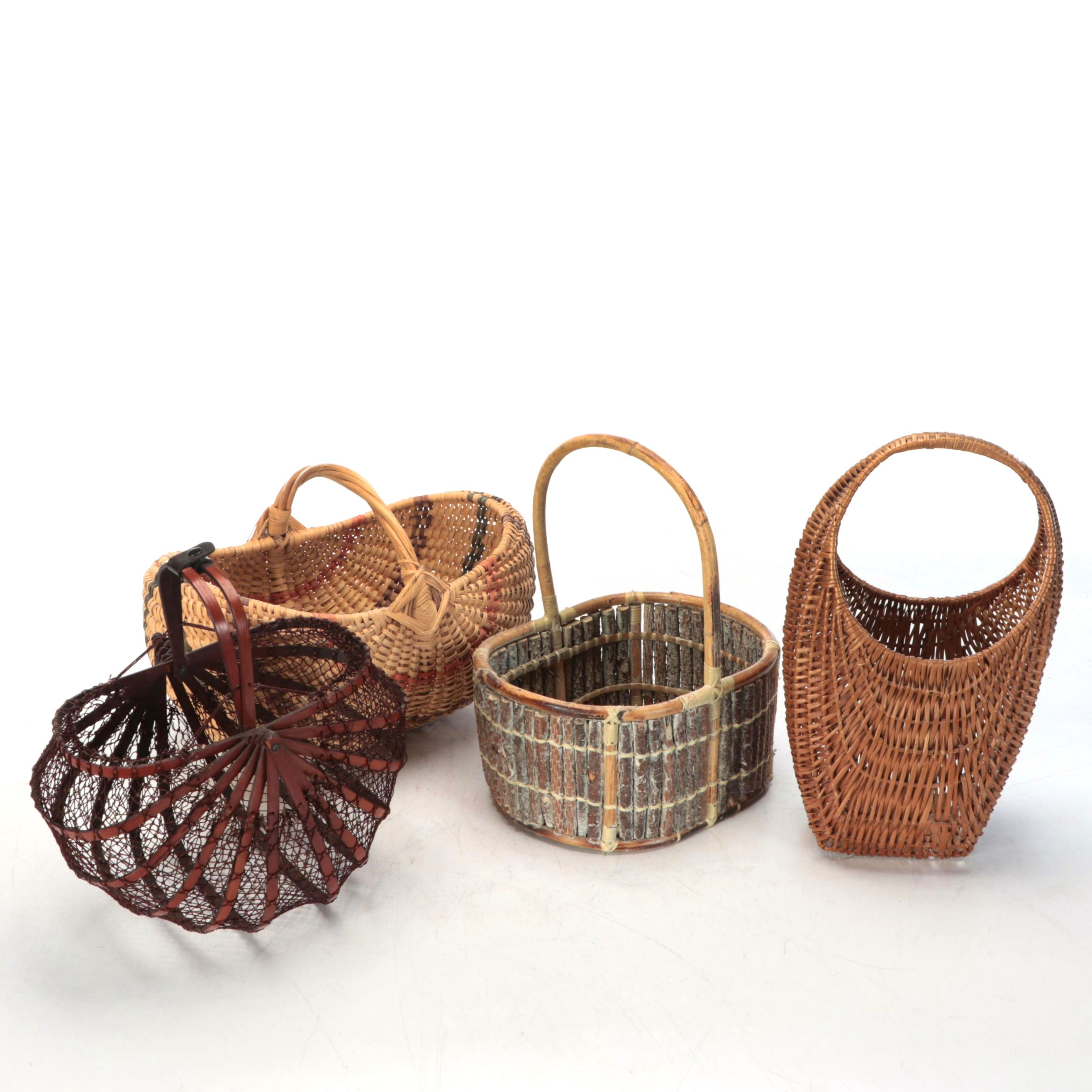 Woven Wood Handled Baskets with Collapsible Net Basket