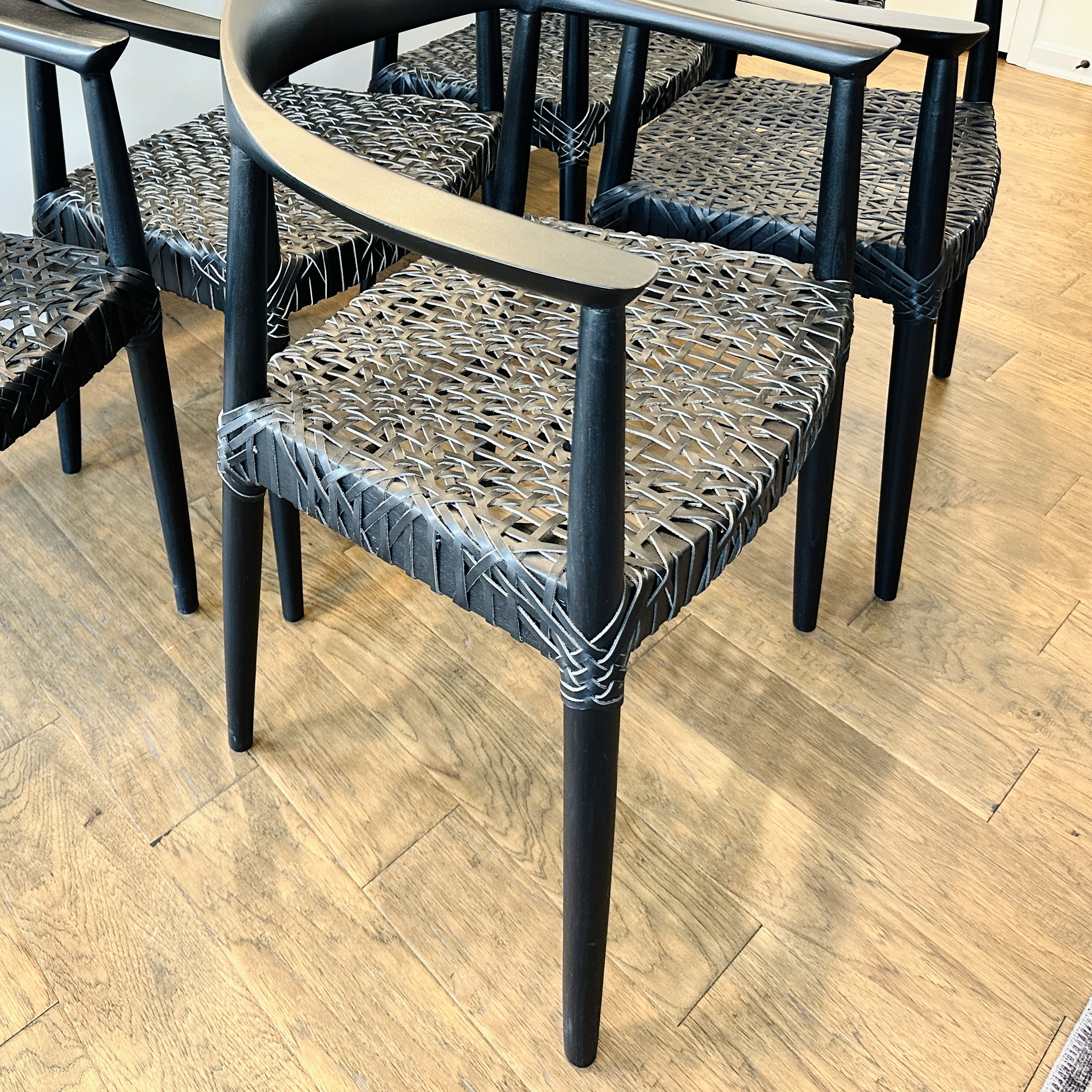 Set of Six Safavieh "Bandelier" Ebonized Wood and Leather Dining Chairs