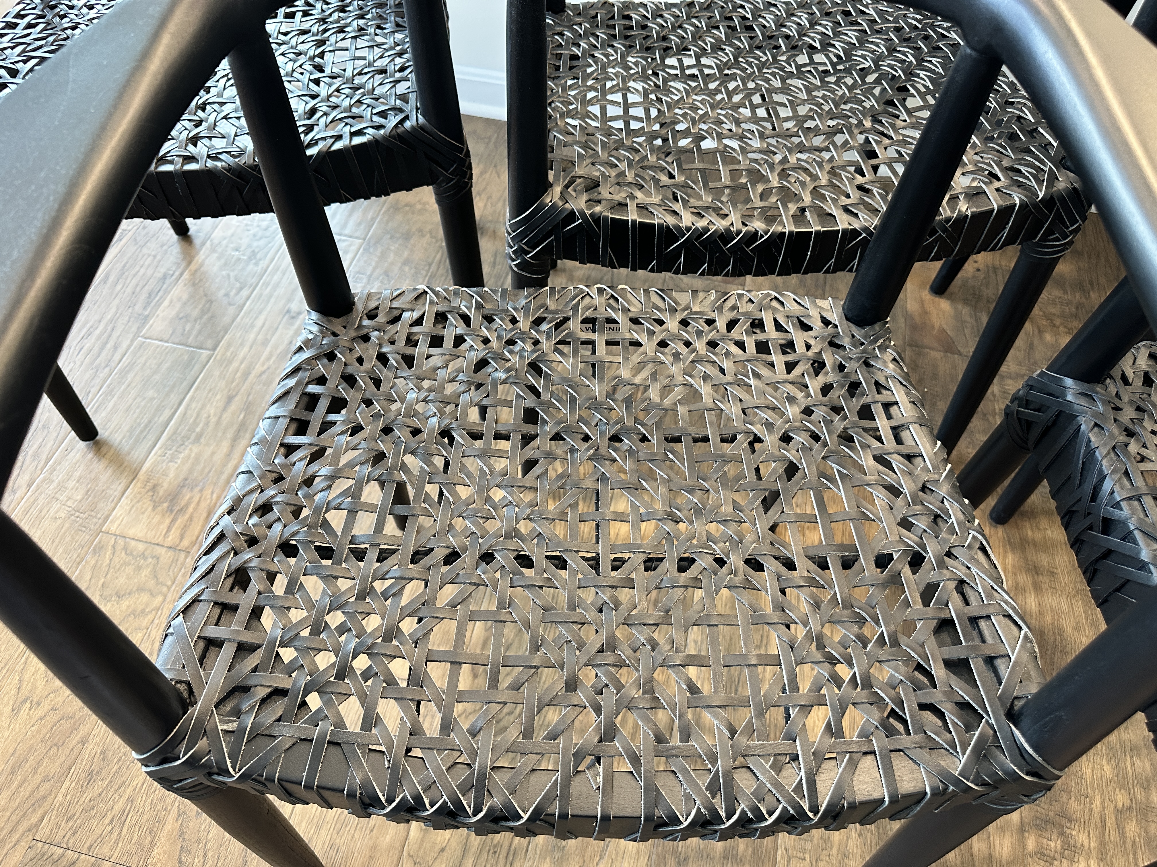 Set of Six Safavieh "Bandelier" Ebonized Wood and Leather Dining Chairs