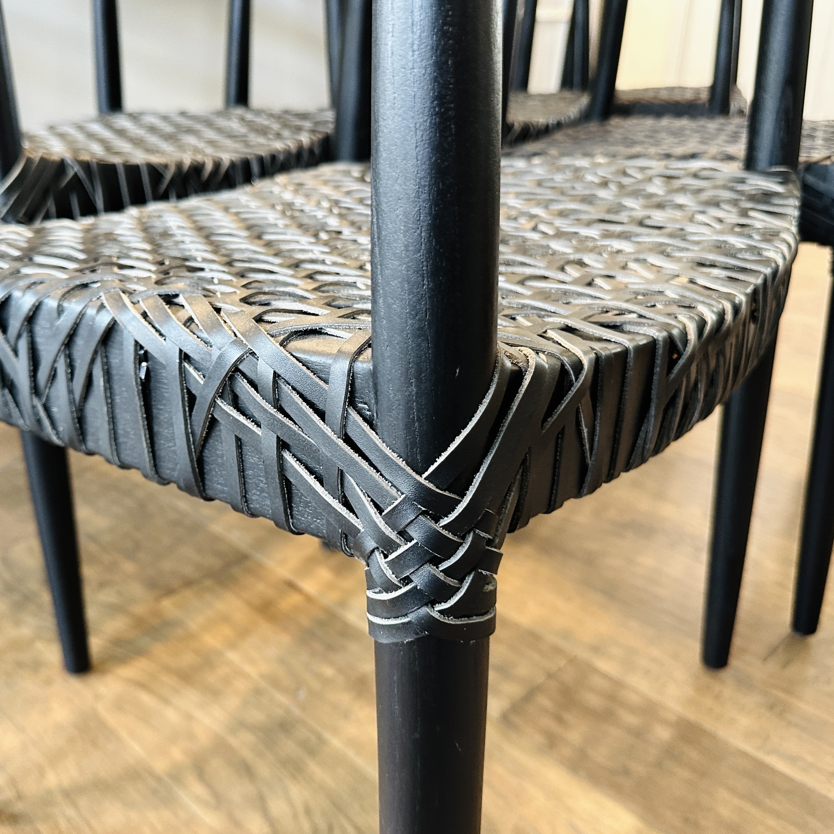 Set of Six Safavieh "Bandelier" Ebonized Wood and Leather Dining Chairs