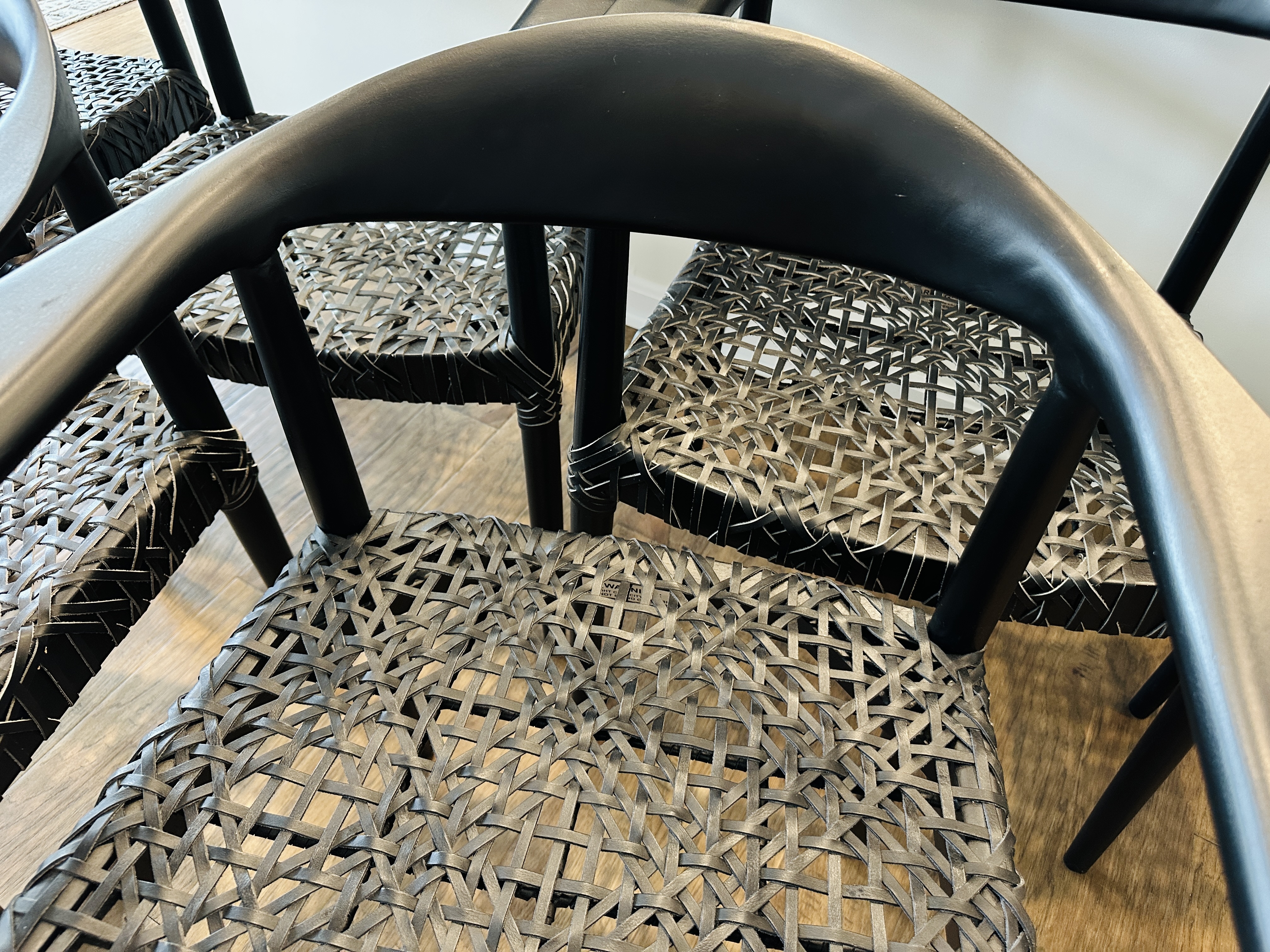 Set of Six Safavieh "Bandelier" Ebonized Wood and Leather Dining Chairs