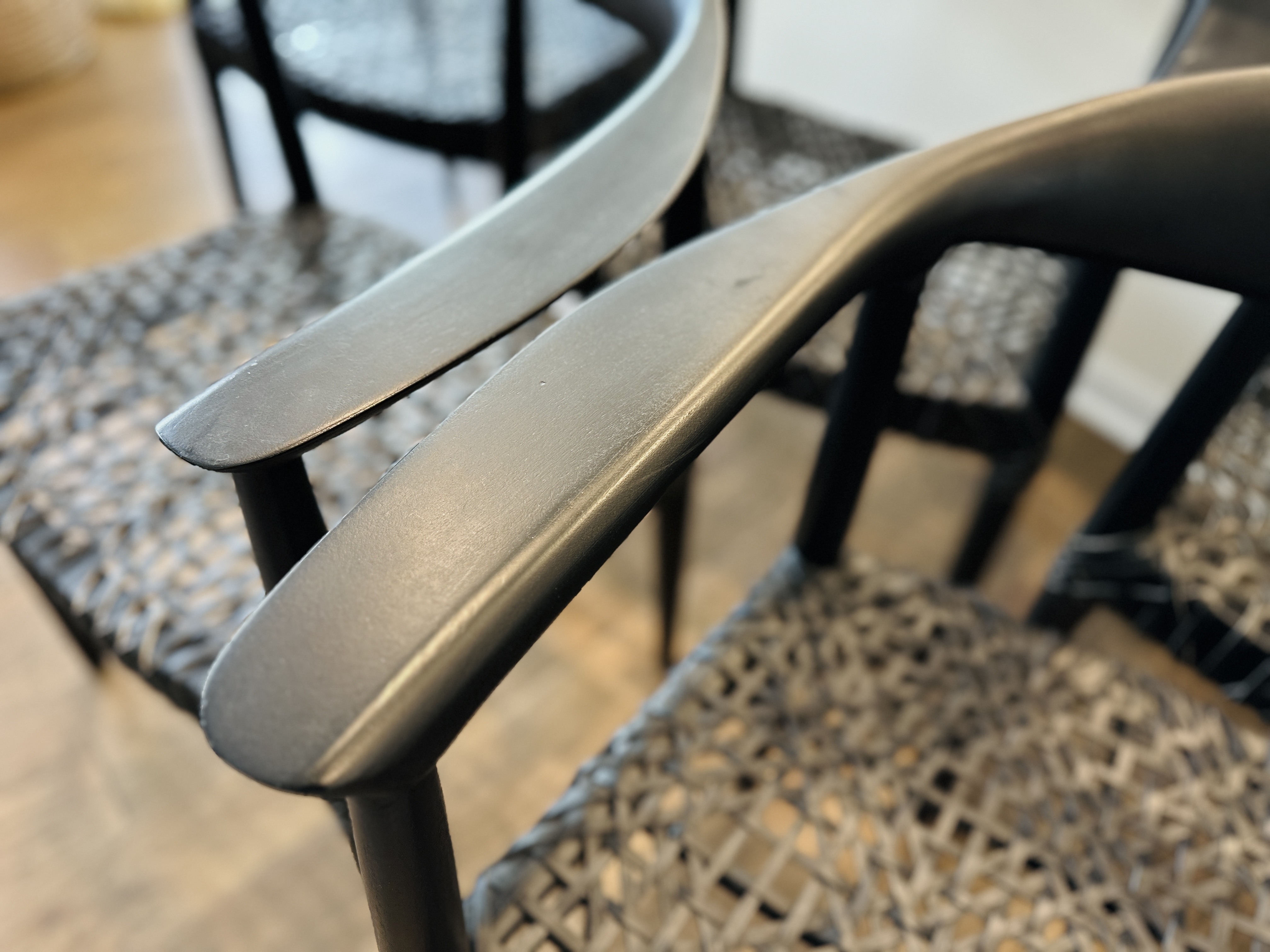 Set of Six Safavieh "Bandelier" Ebonized Wood and Leather Dining Chairs