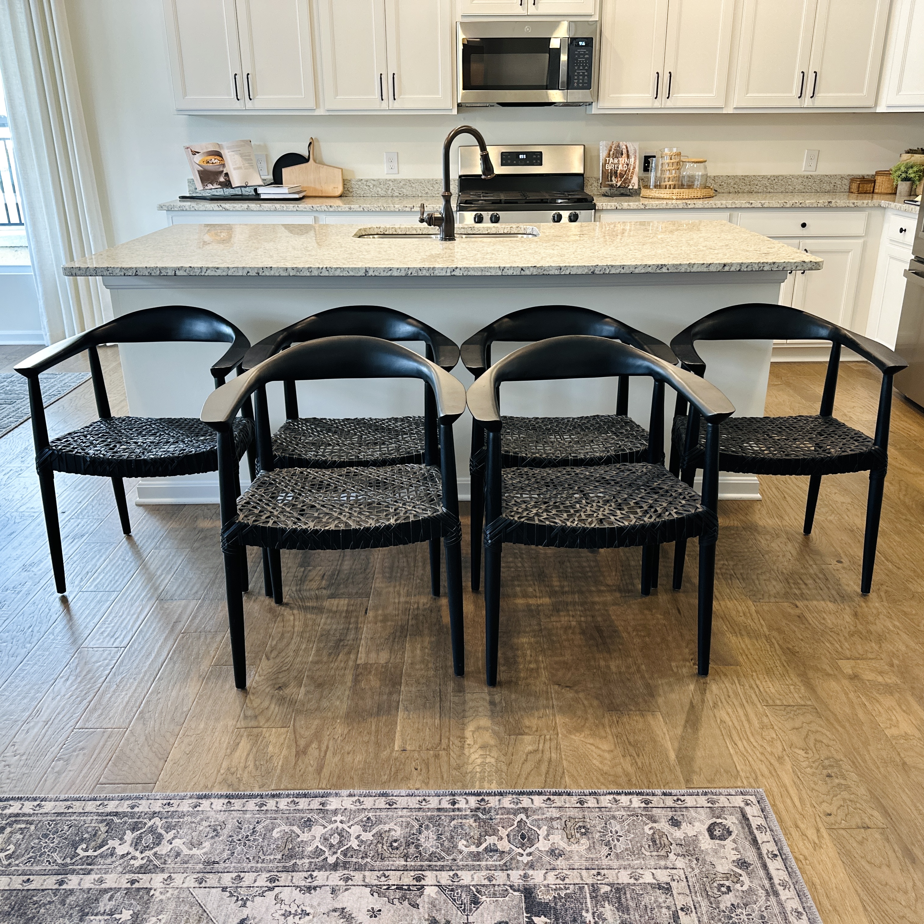 Set of Six Safavieh "Bandelier" Ebonized Wood and Leather Dining Chairs