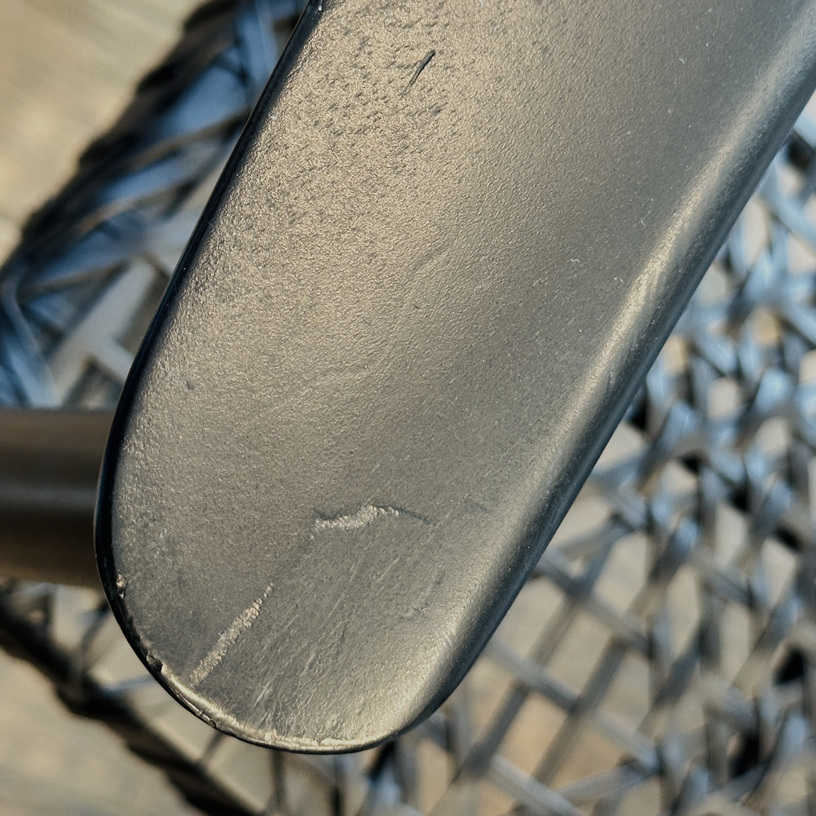 Set of Six Safavieh "Bandelier" Ebonized Wood and Leather Dining Chairs