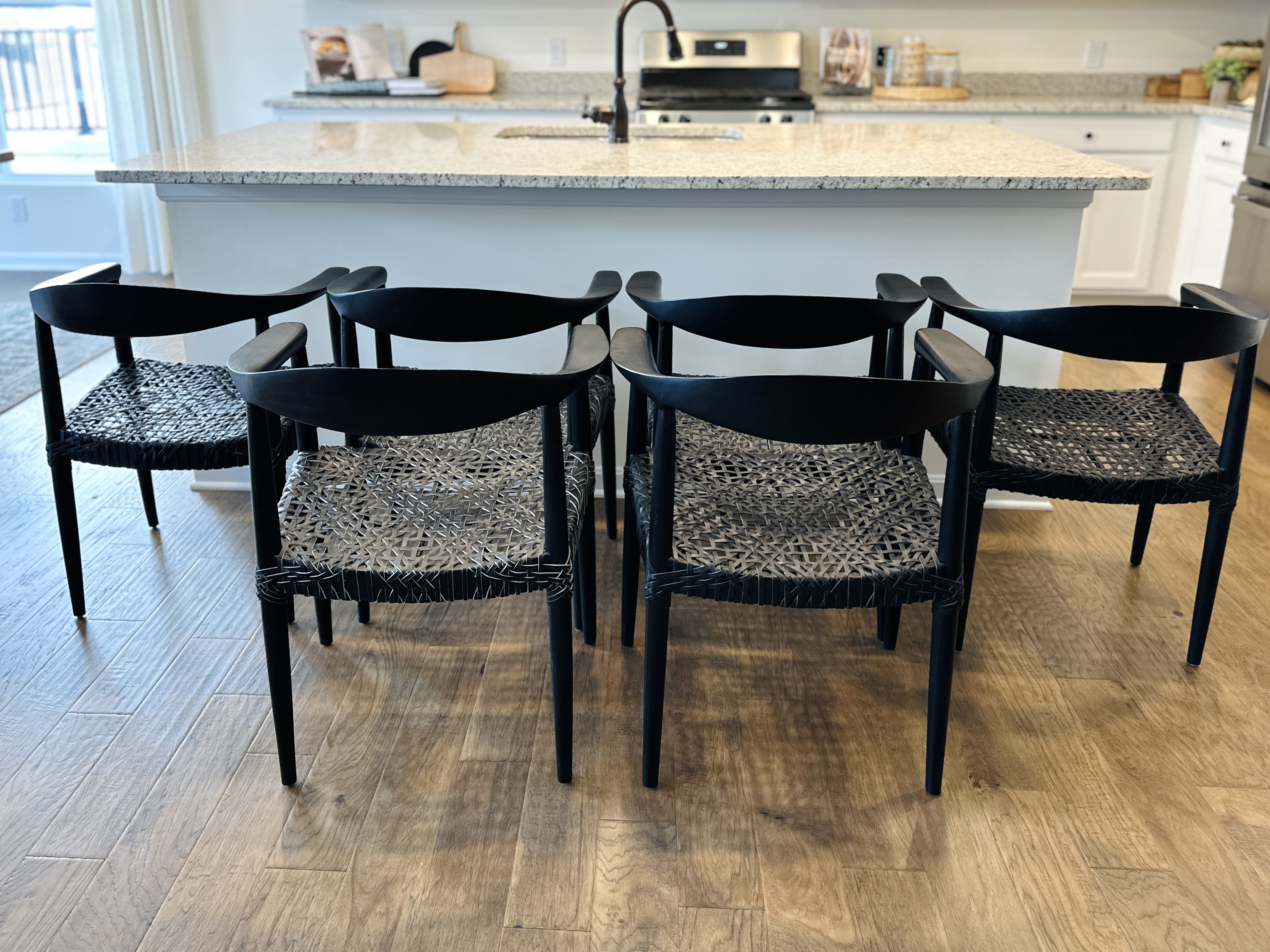 Set of Six Safavieh "Bandelier" Ebonized Wood and Leather Dining Chairs