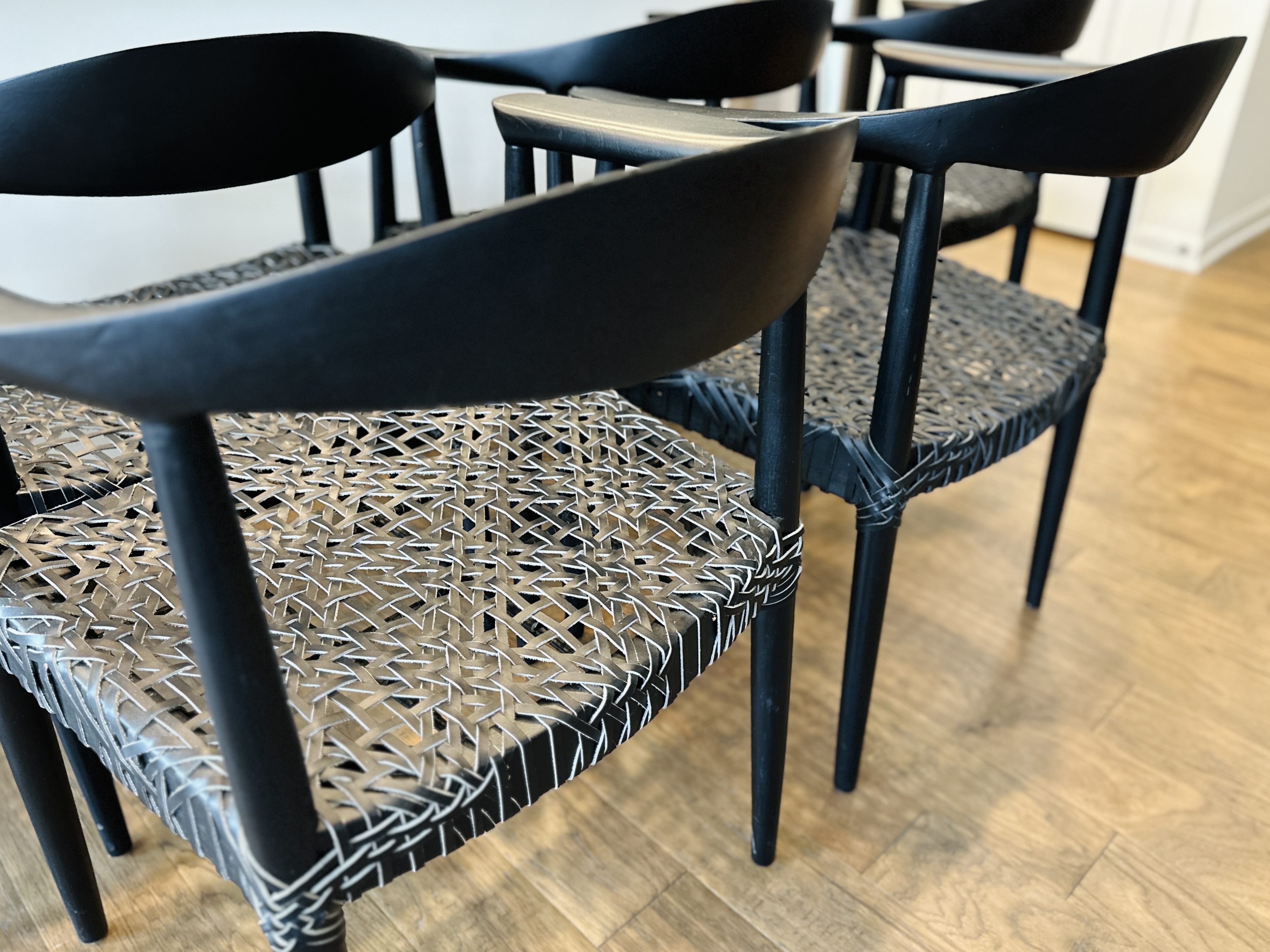 Set of Six Safavieh "Bandelier" Ebonized Wood and Leather Dining Chairs