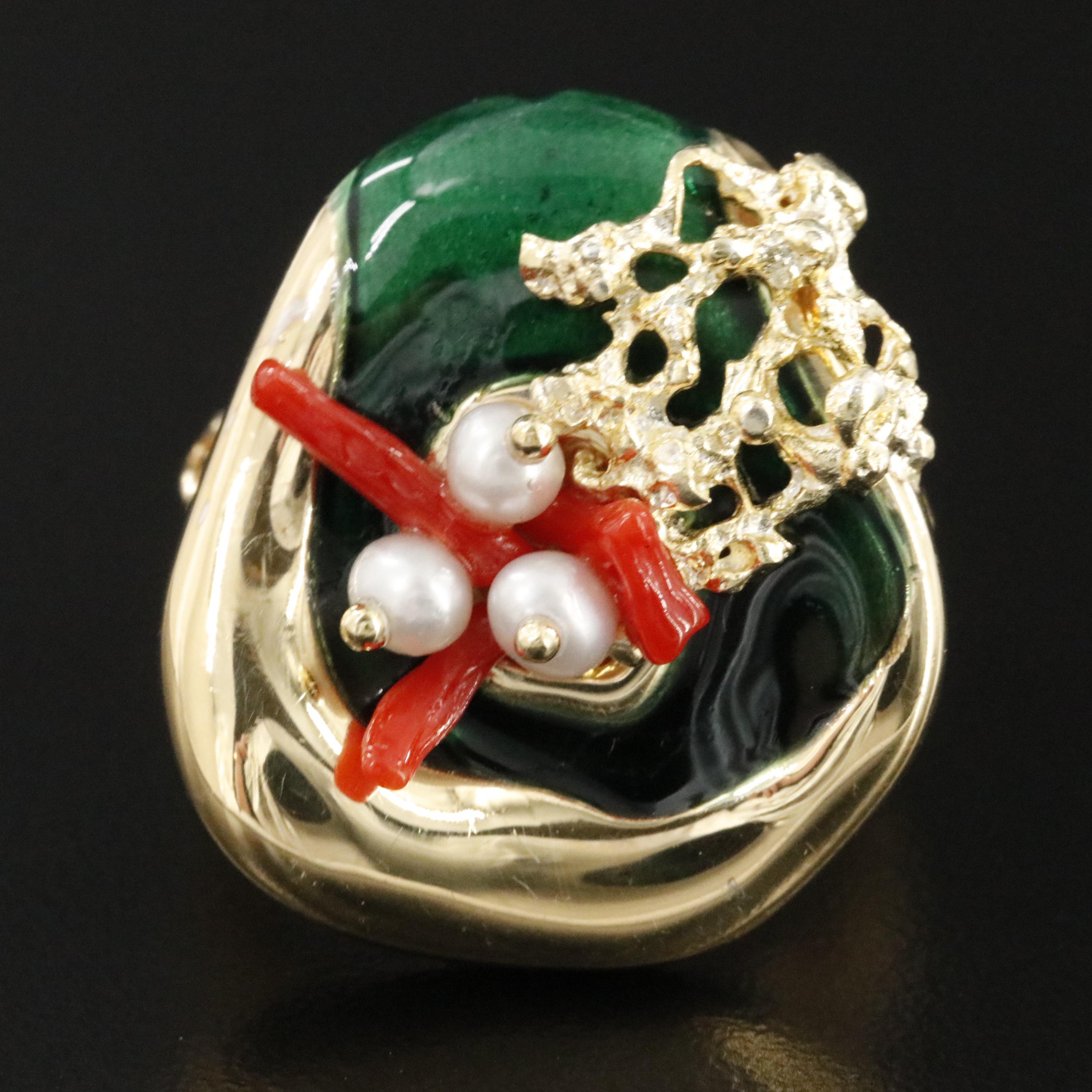 Graziella Braccialini Sterling Coral, Pearl, and Enamel Ring