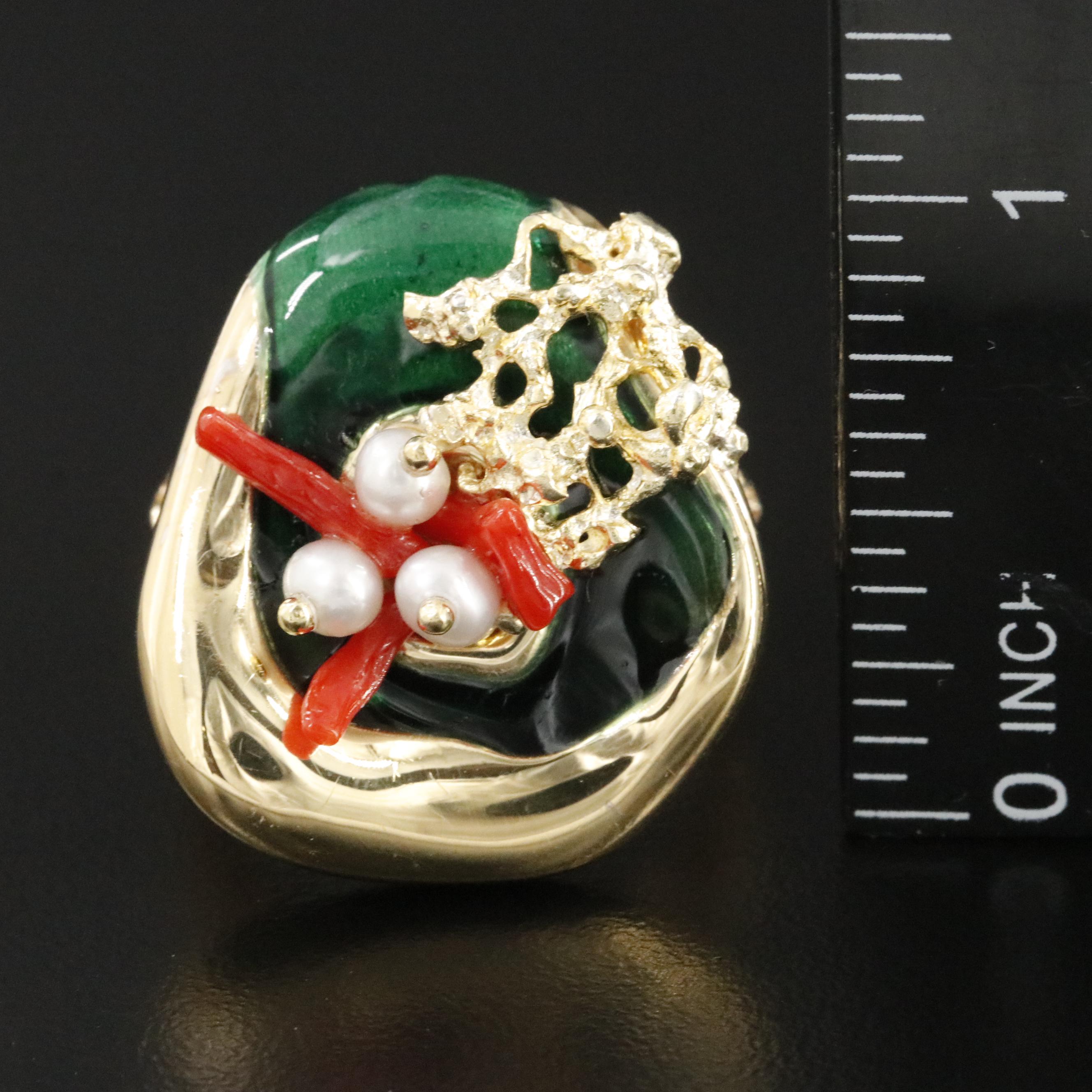 Graziella Braccialini Sterling Coral, Pearl, and Enamel Ring
