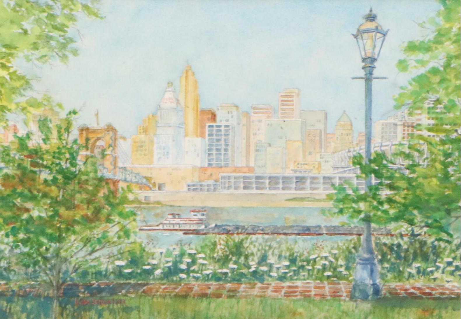 Rudy Schneller Watercolor Painting of Cincinnati Skyline, Late 20th Century