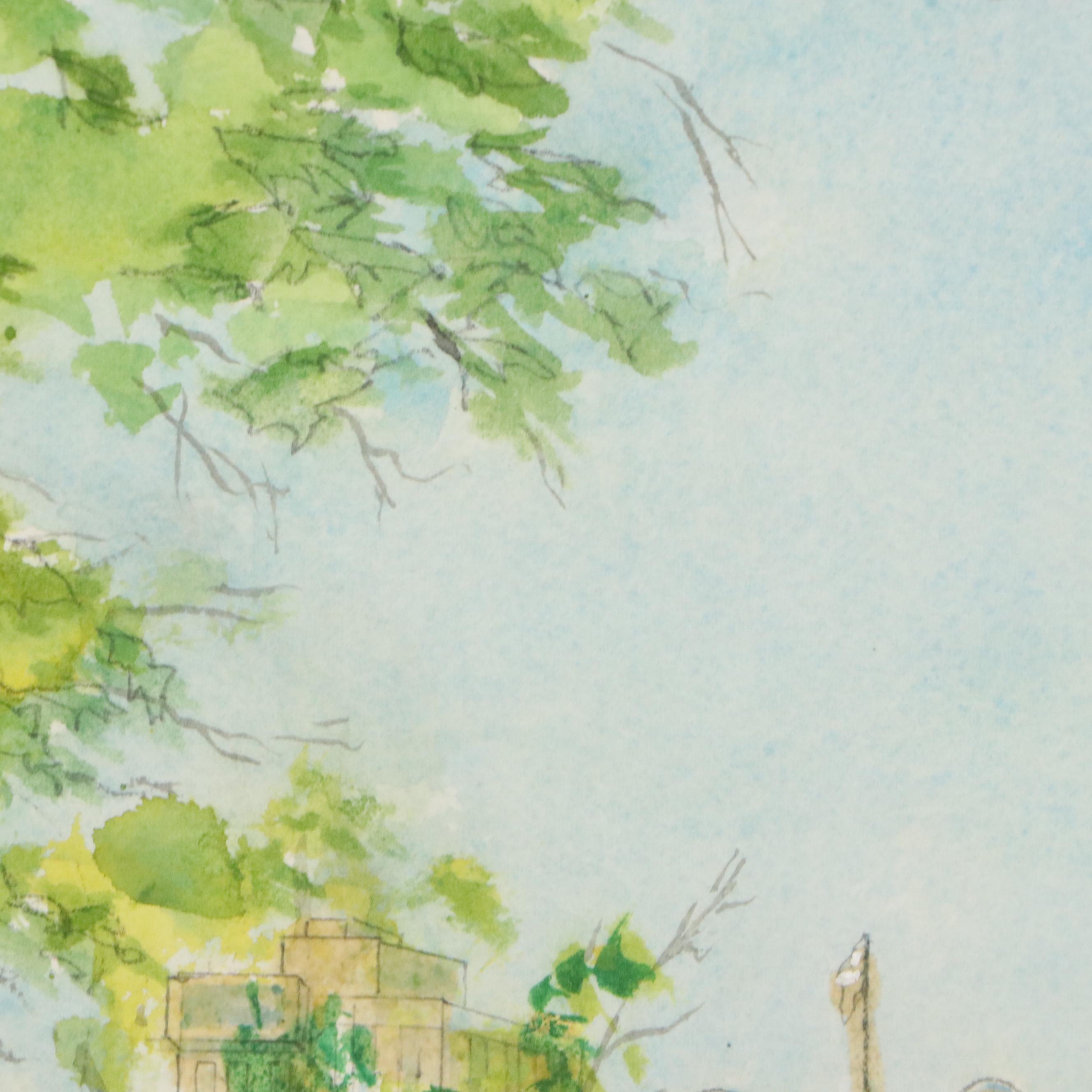 Rudy Schneller Watercolor Painting of Cincinnati Skyline, Late 20th Century