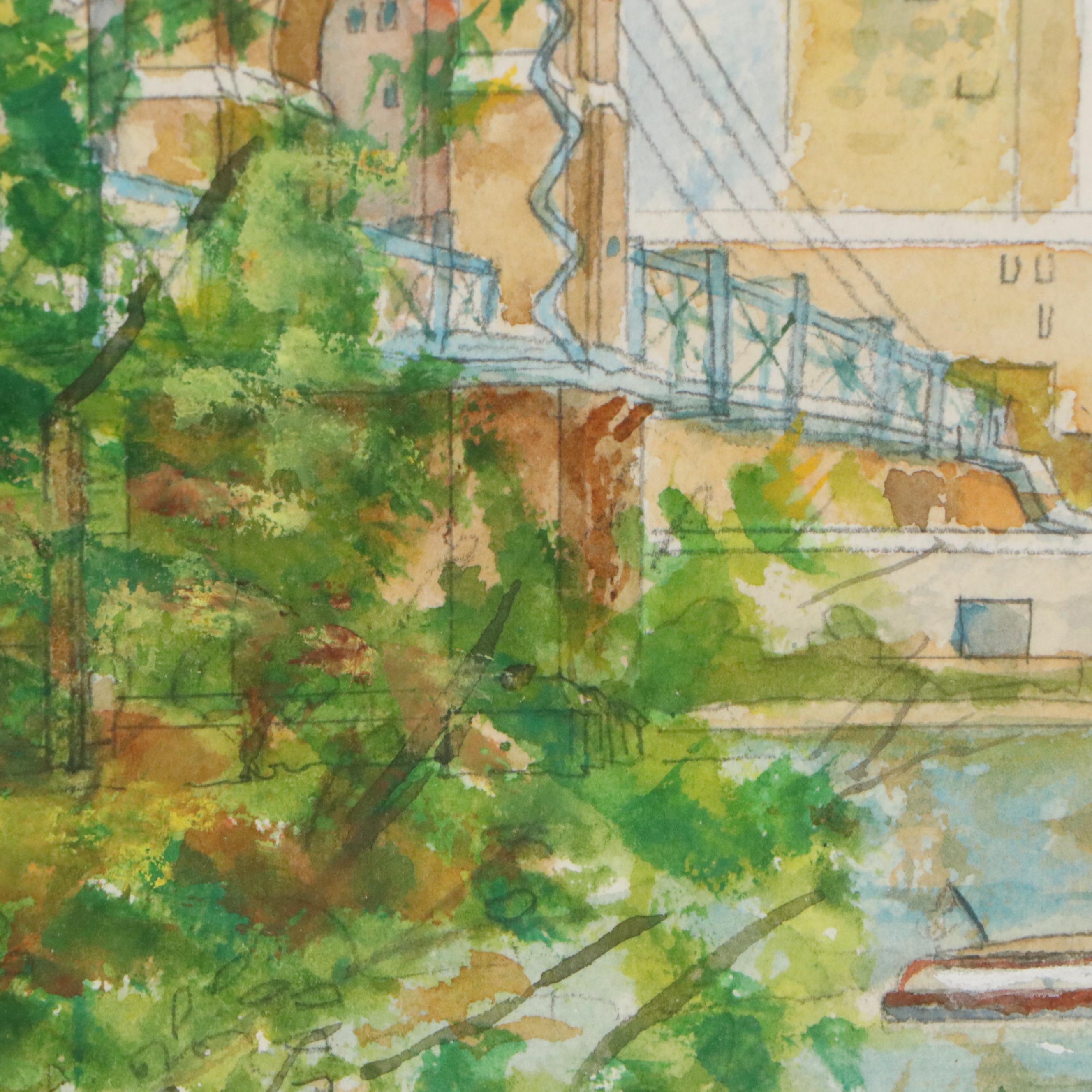 Rudy Schneller Watercolor Painting of Cincinnati Skyline, Late 20th Century