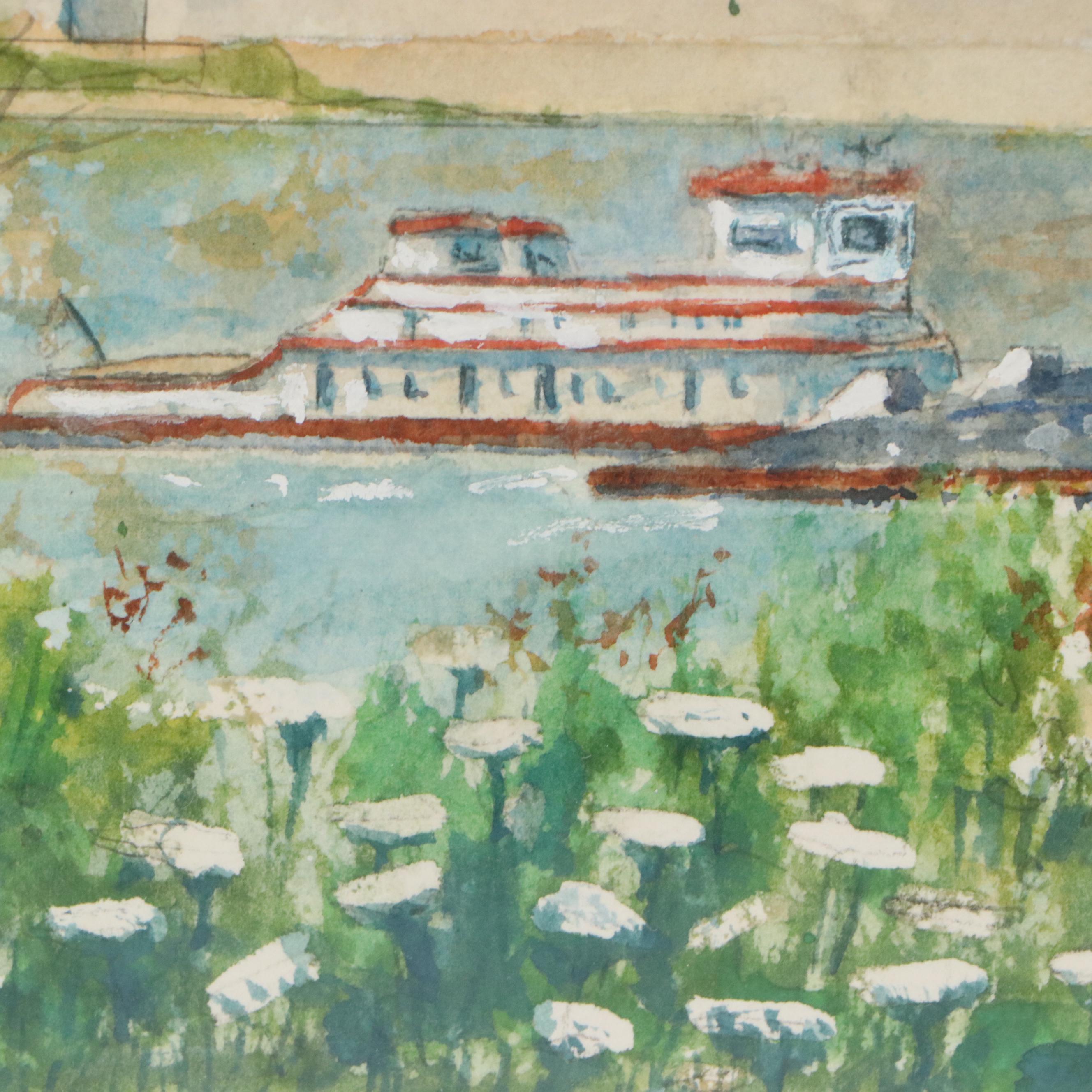 Rudy Schneller Watercolor Painting of Cincinnati Skyline, Late 20th Century