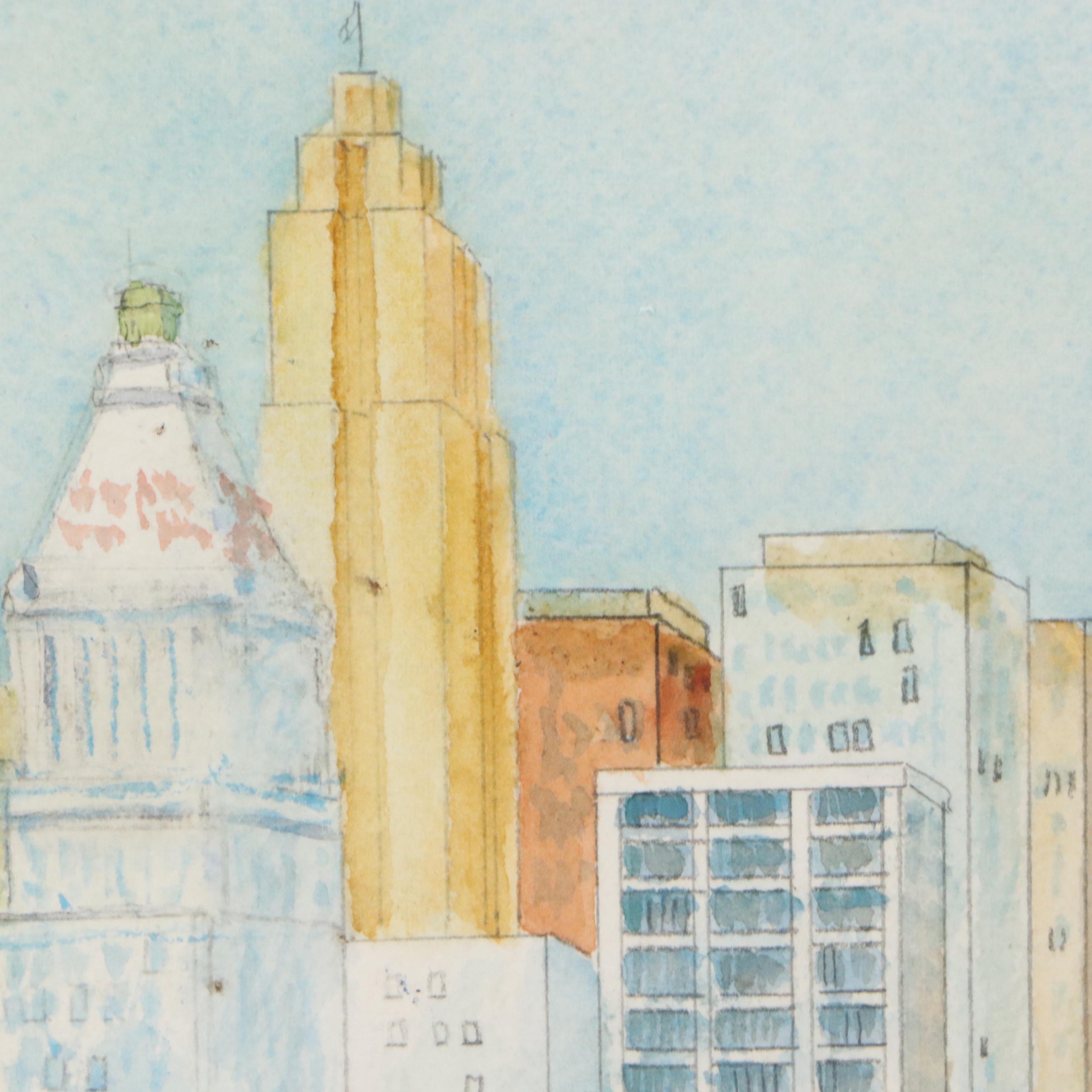 Rudy Schneller Watercolor Painting of Cincinnati Skyline, Late 20th Century