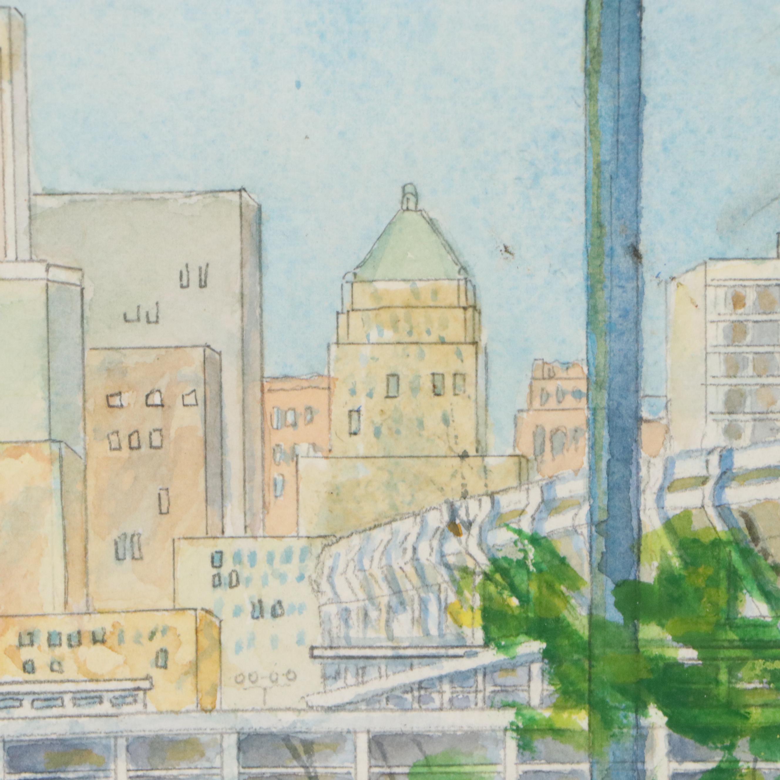 Rudy Schneller Watercolor Painting of Cincinnati Skyline, Late 20th Century