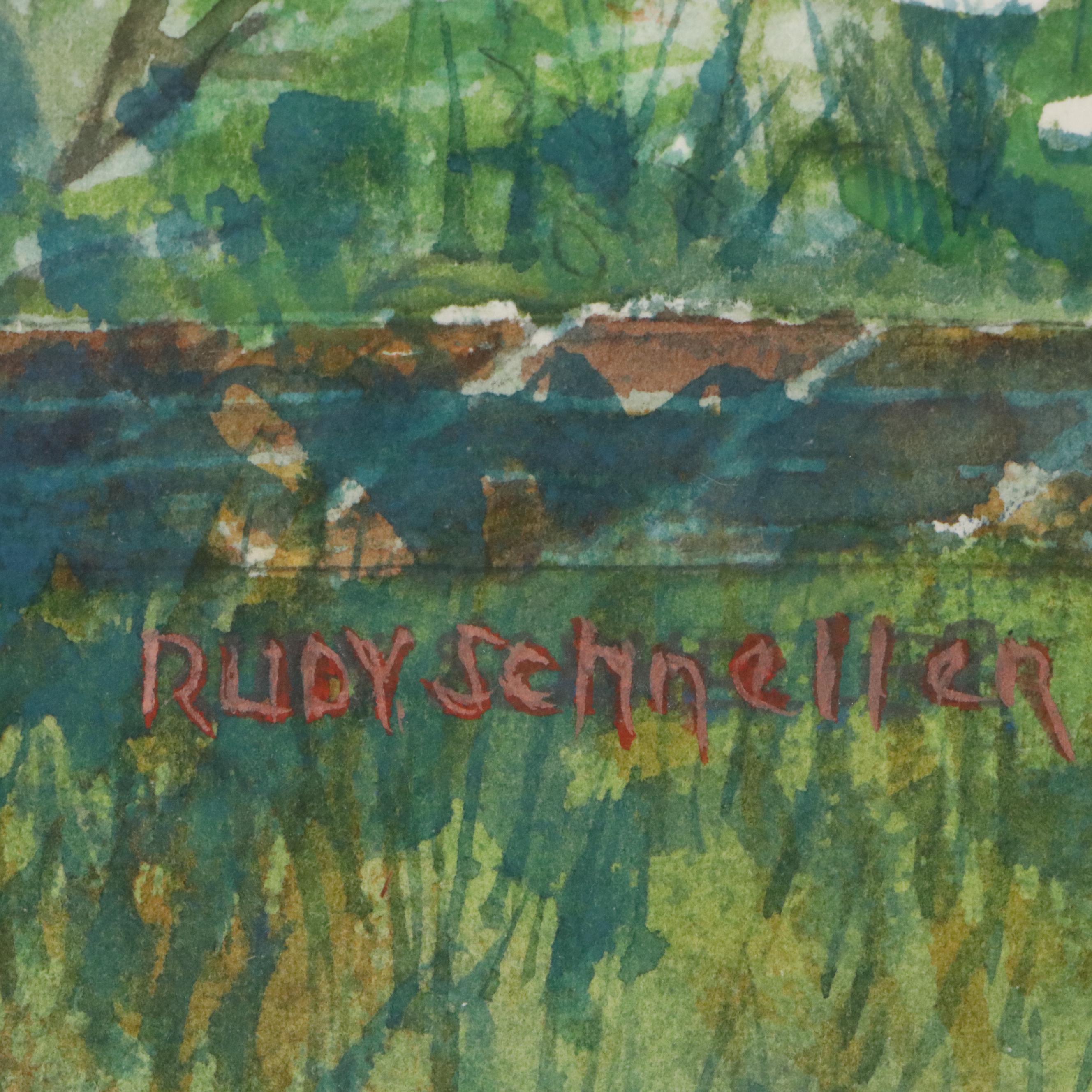 Rudy Schneller Watercolor Painting of Cincinnati Skyline, Late 20th Century