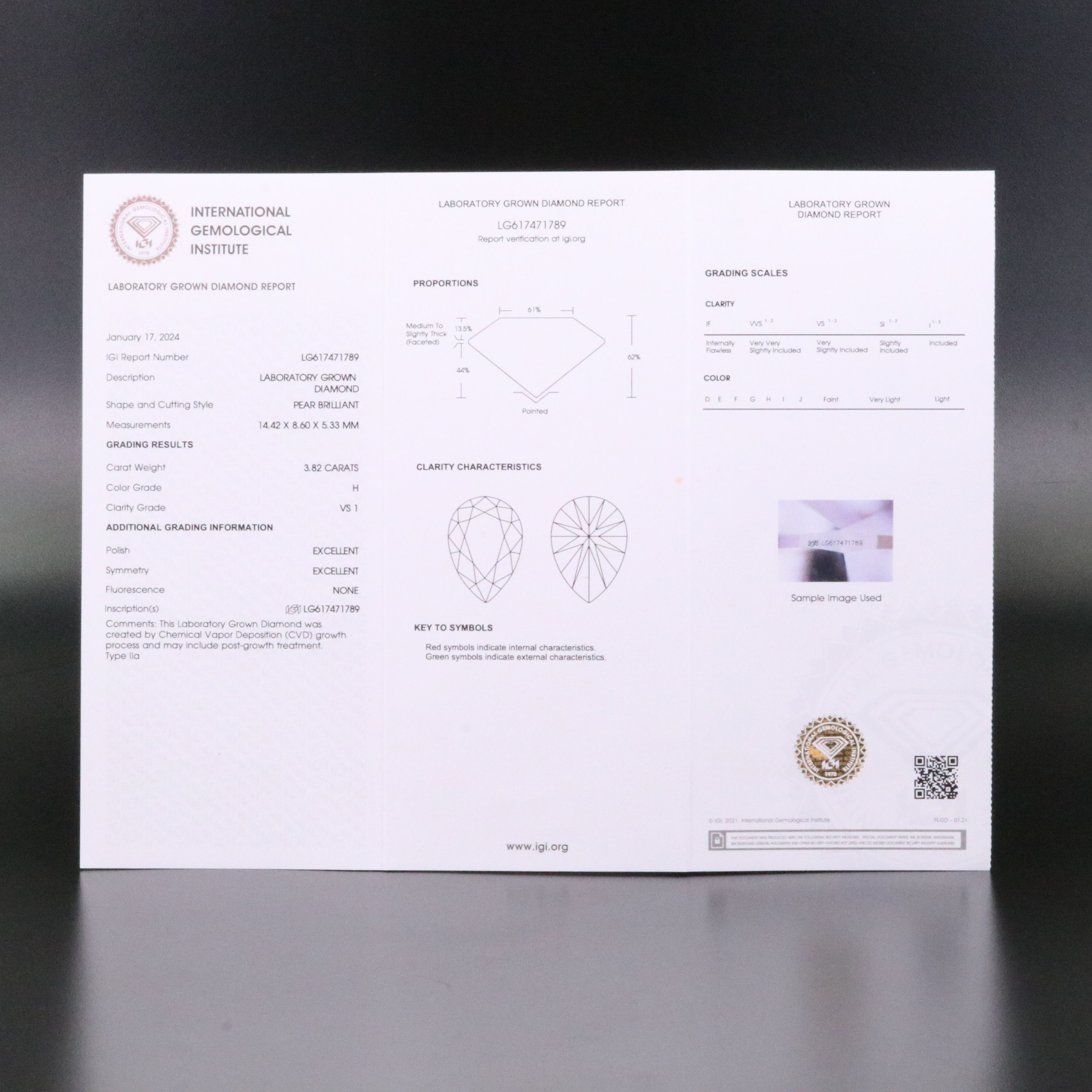Loose 3.82 CT Lab Grown Diamond with IGI Report