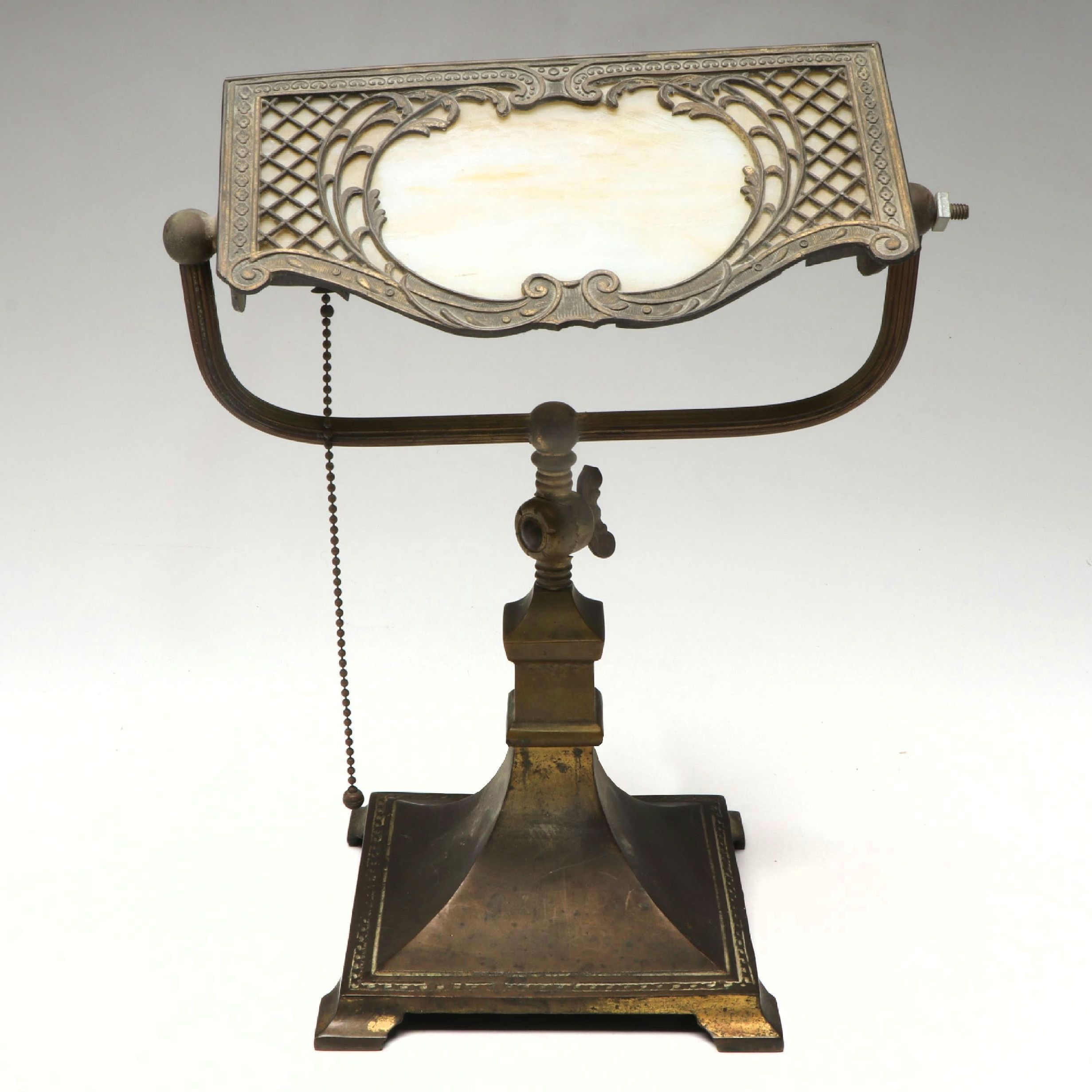 Arts and Crafts Pressed Metal Desk Lamp with Spelter Silhouette Shade