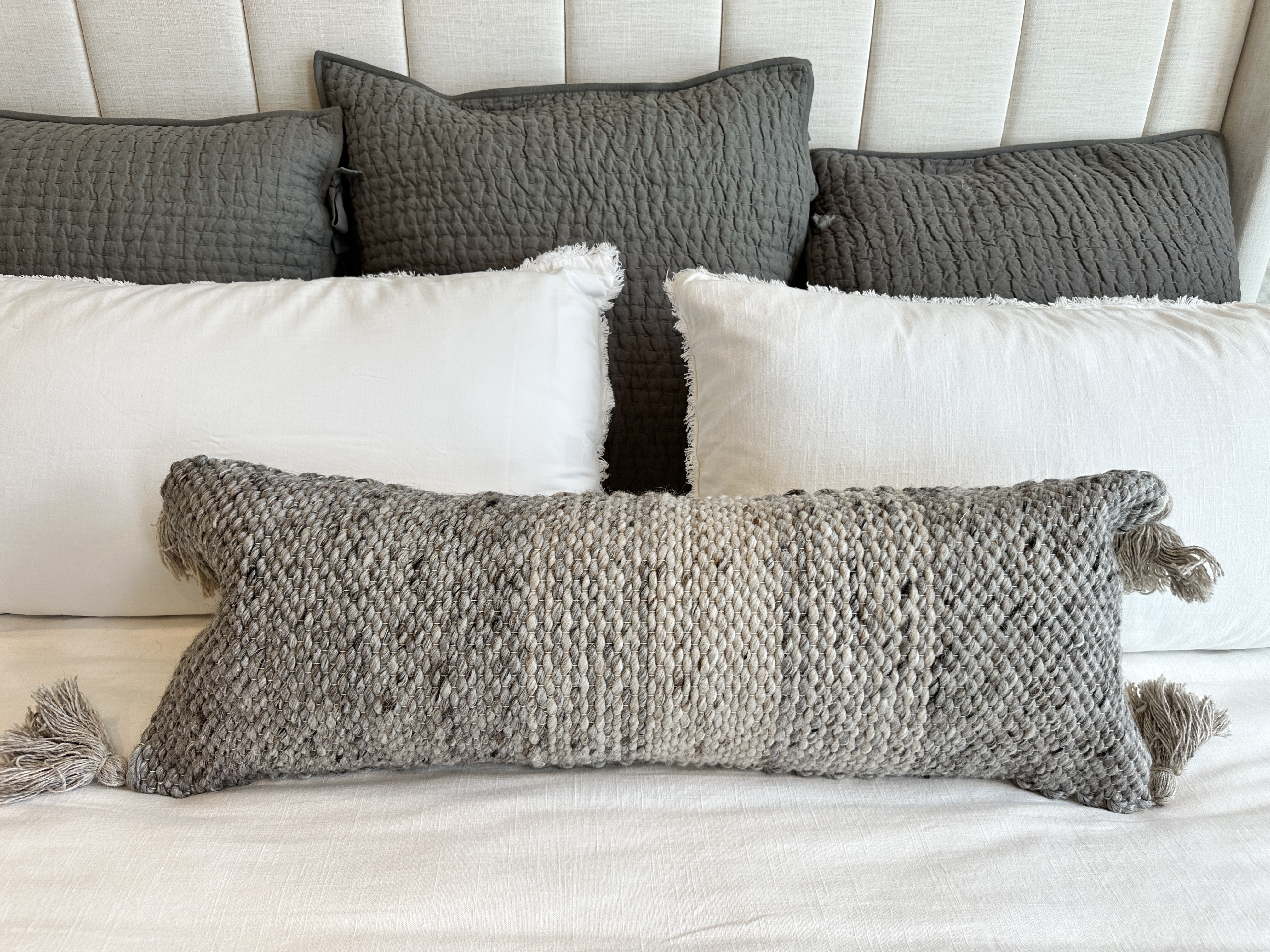 Contemporary Channel-Tufted Upholstered King Size Bed and Bedding