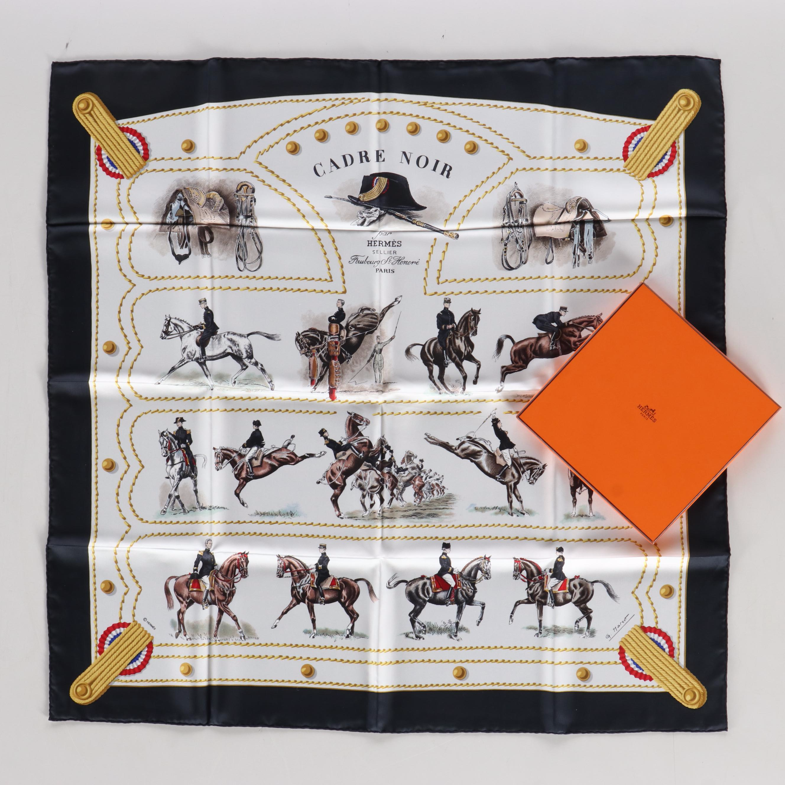 Hermès "Cadre Noir" Scarf 90 in Silk Twill with Box