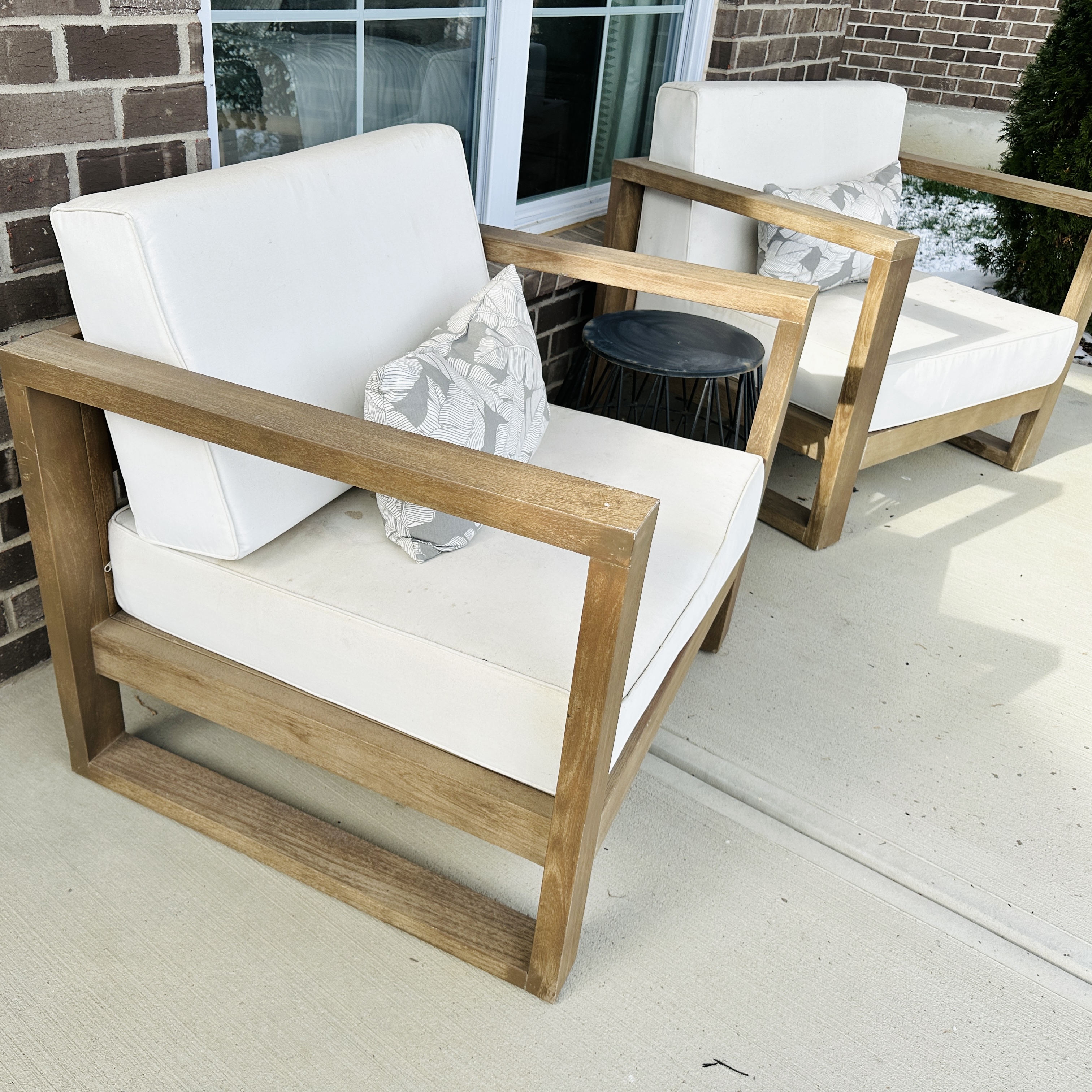 Pair of Teak Patio Lounge Chairs with Metal Accent Table