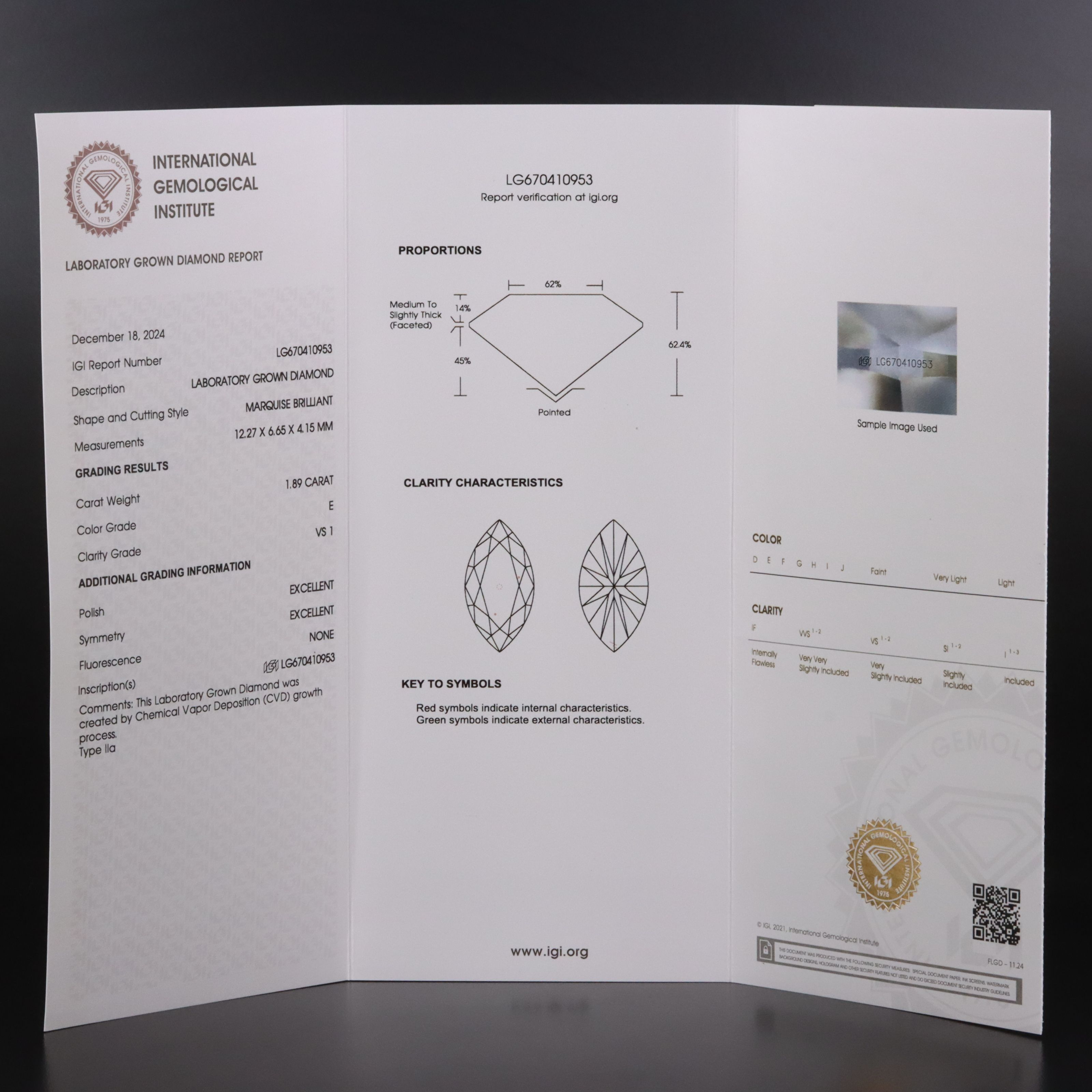 Loose 1.89 CT Lab Grown Diamond with IGI Report