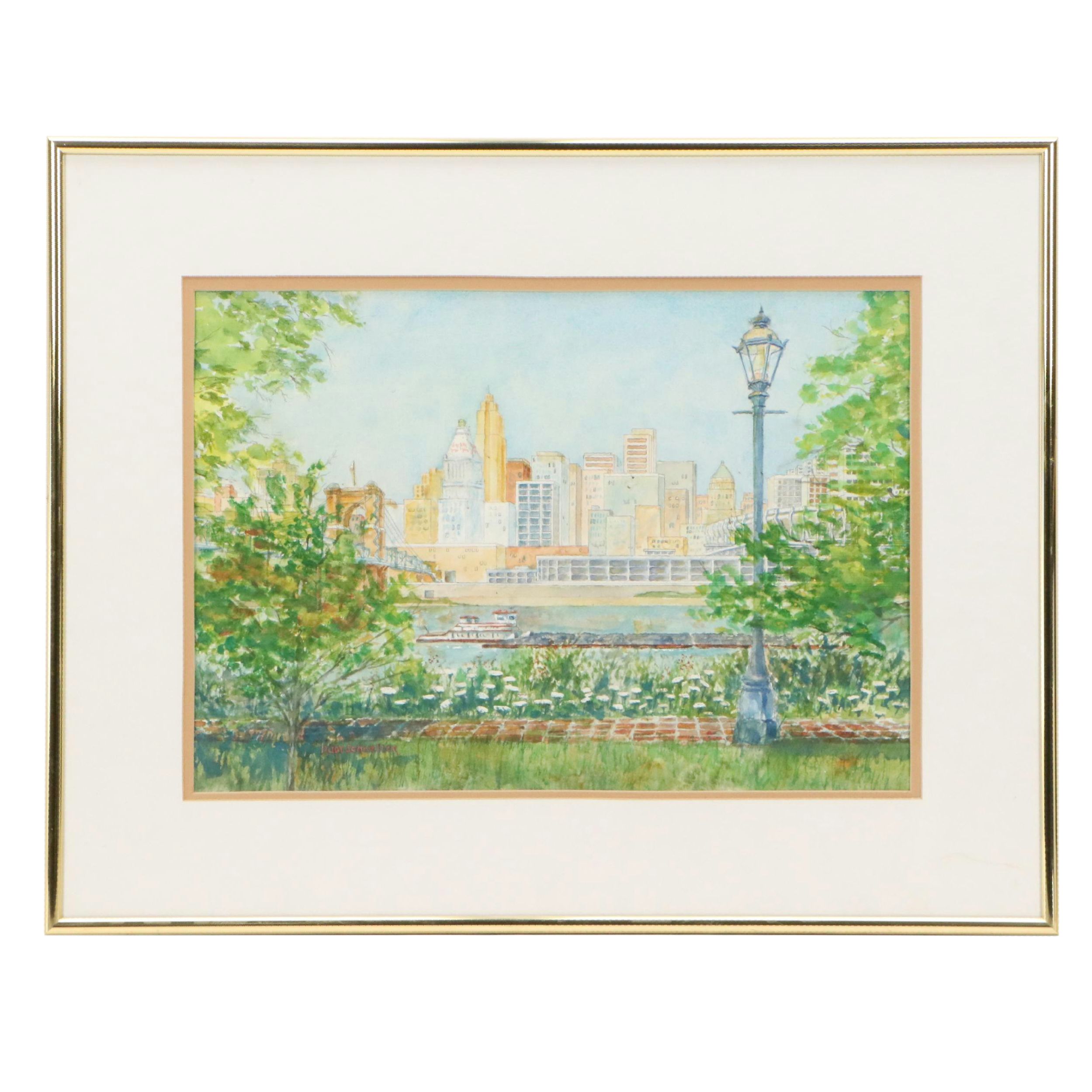Rudy Schneller Watercolor Painting of Cincinnati Skyline, Late 20th Century
