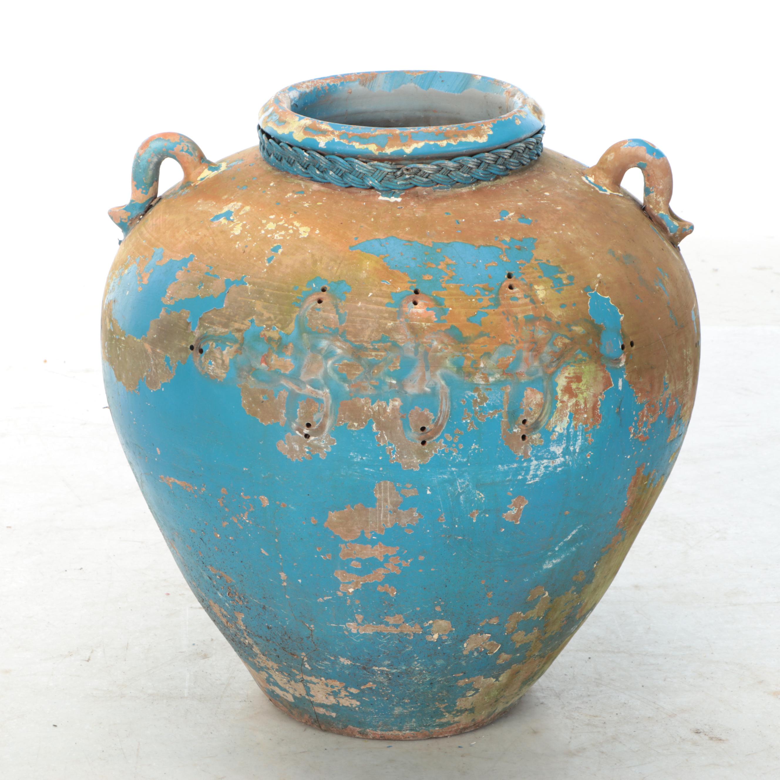 Asian Style Blue Glazed Terracotta Martaban Jar