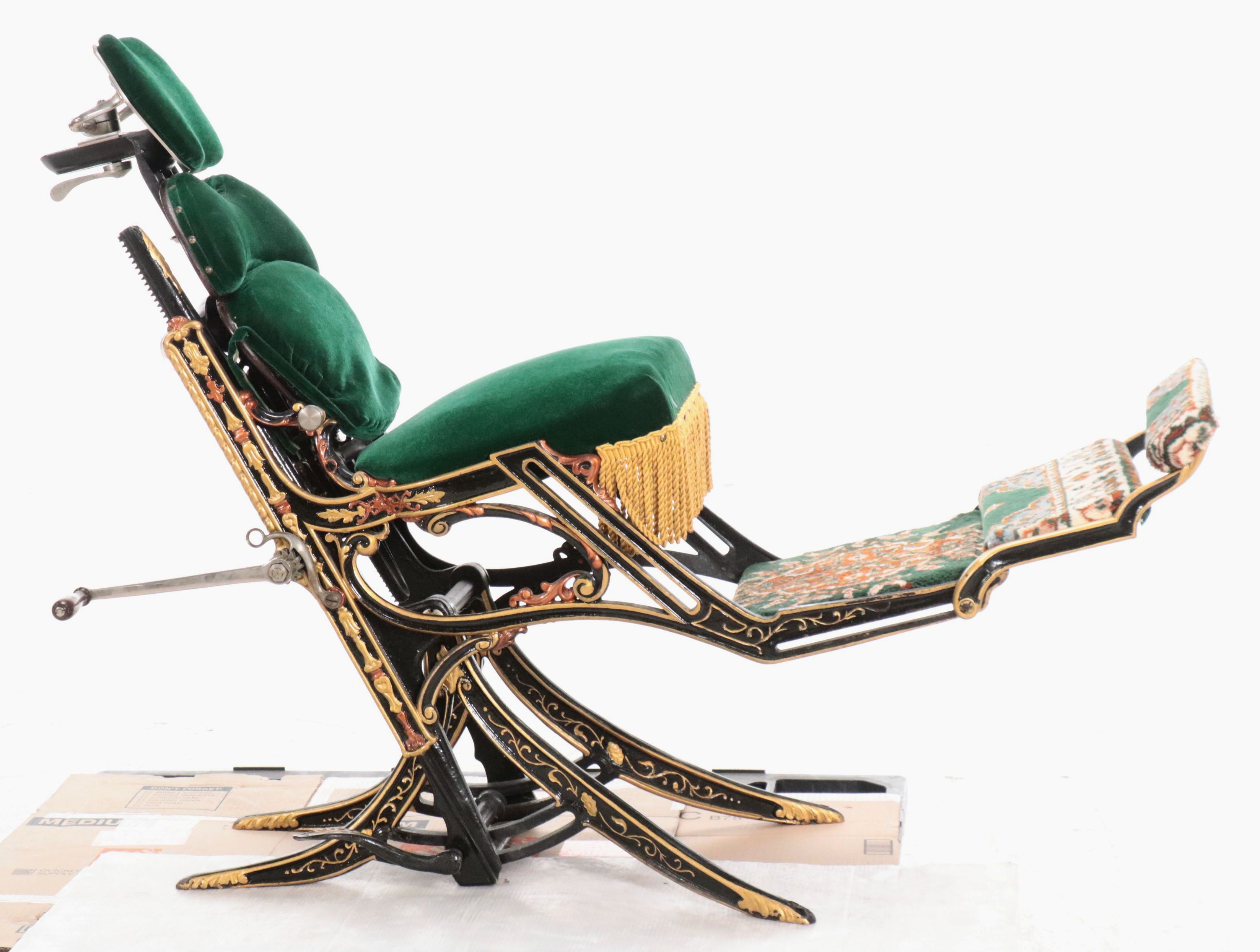 Antique Enameled Cast Iron Dental Chair, Pulley Lamp, Foot-Powered Drill & Tray