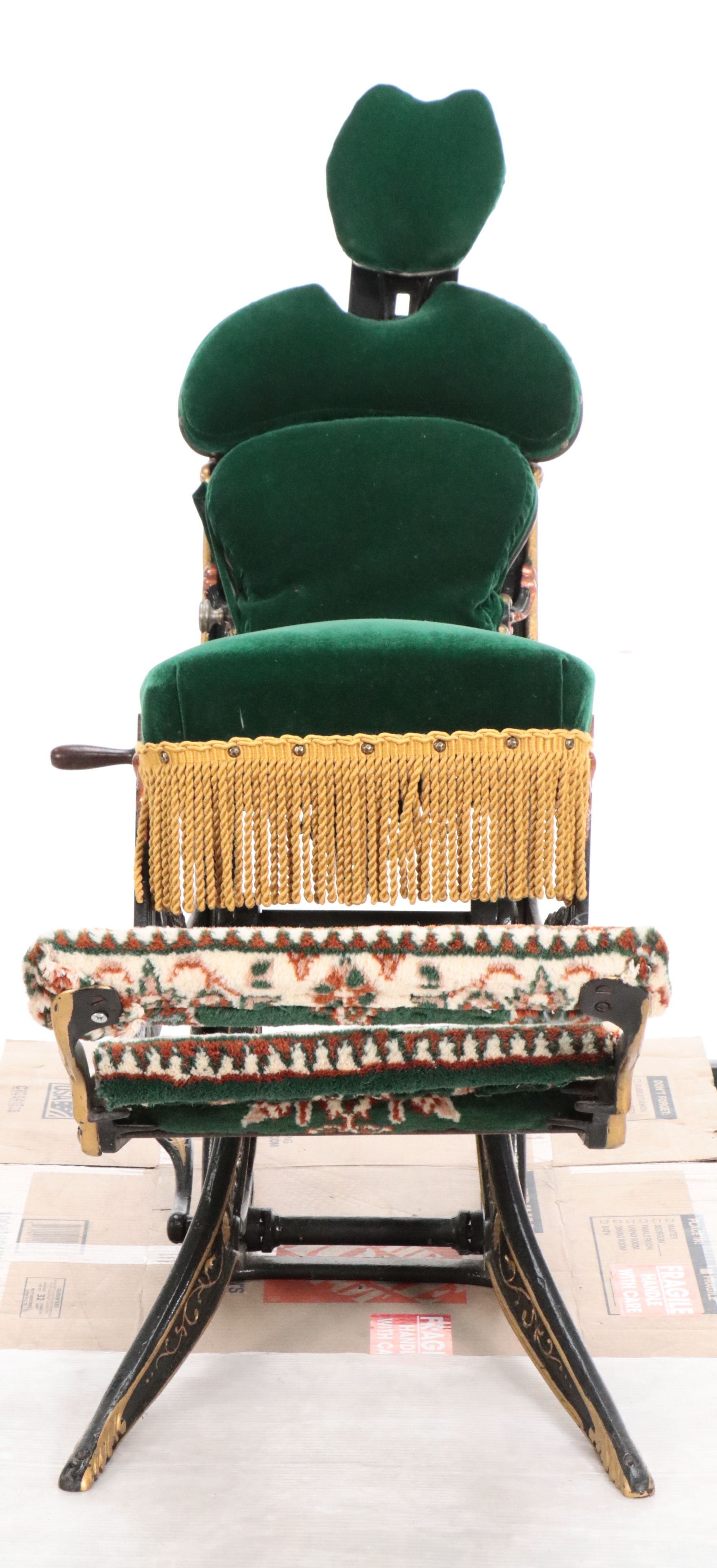 Antique Enameled Cast Iron Dental Chair, Pulley Lamp, Foot-Powered Drill & Tray