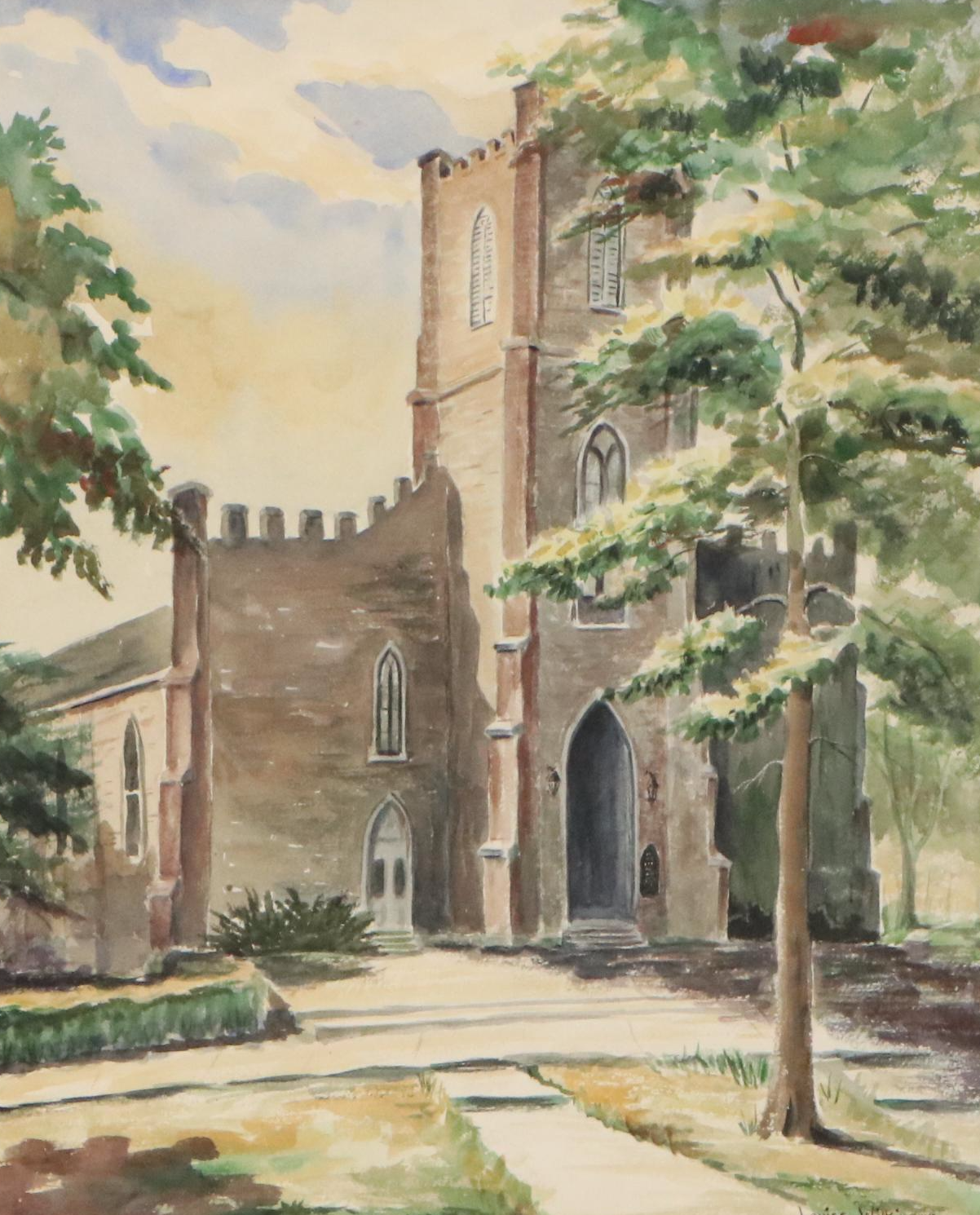 Louise Wilkinson Watercolor Painting of Gothic Revival Church, 1952