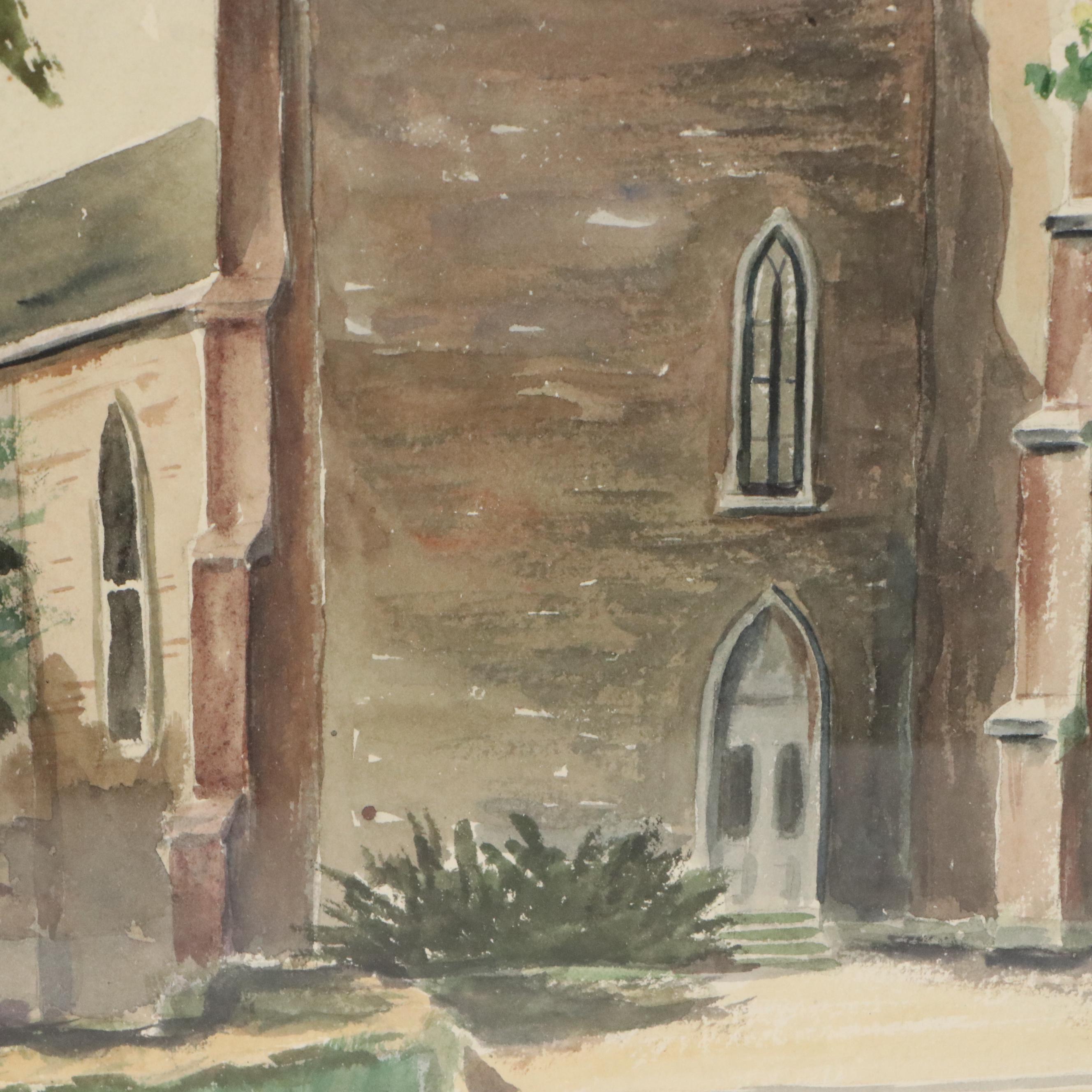 Louise Wilkinson Watercolor Painting of Gothic Revival Church, 1952