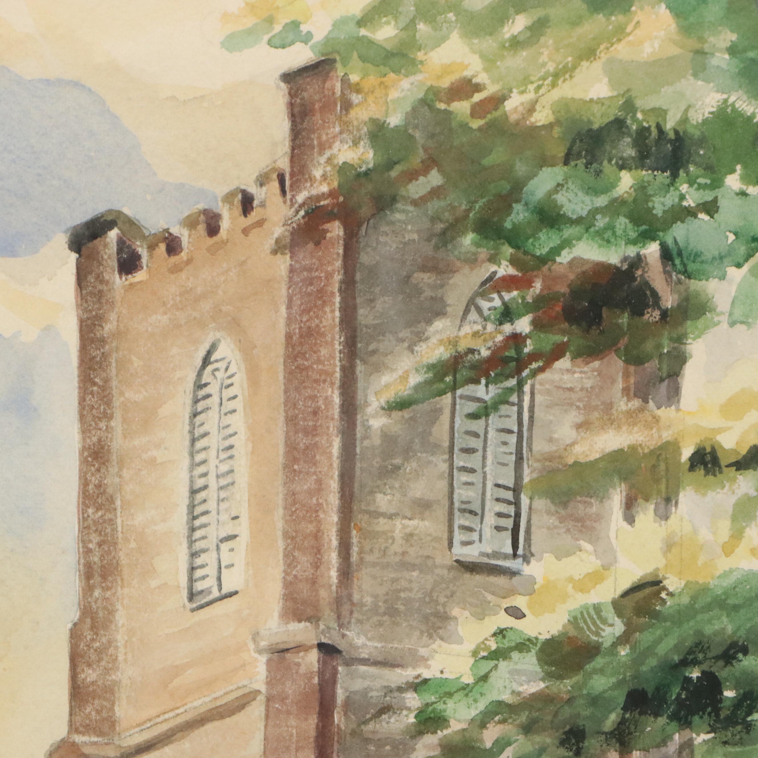 Louise Wilkinson Watercolor Painting of Gothic Revival Church, 1952