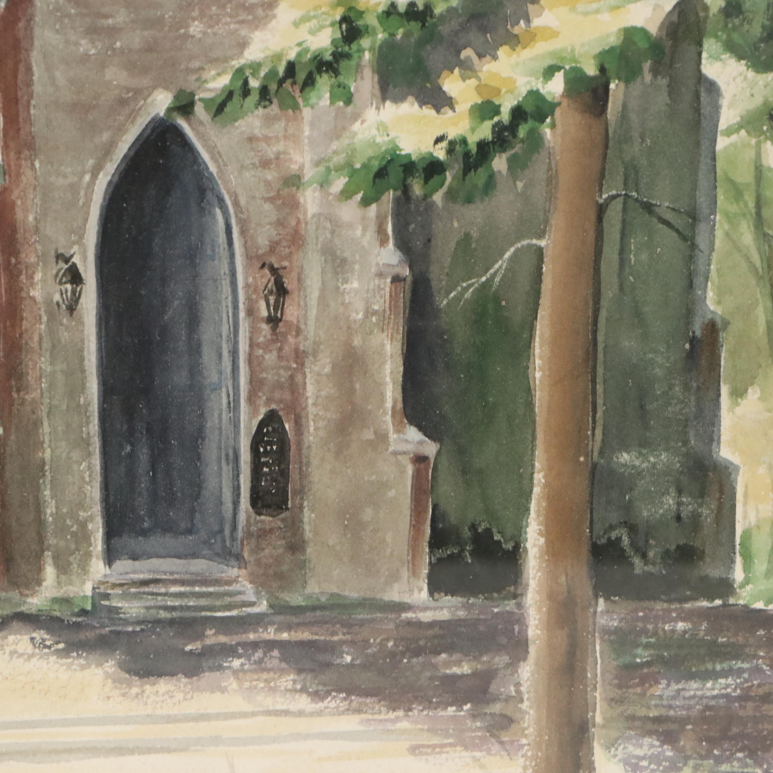 Louise Wilkinson Watercolor Painting of Gothic Revival Church, 1952