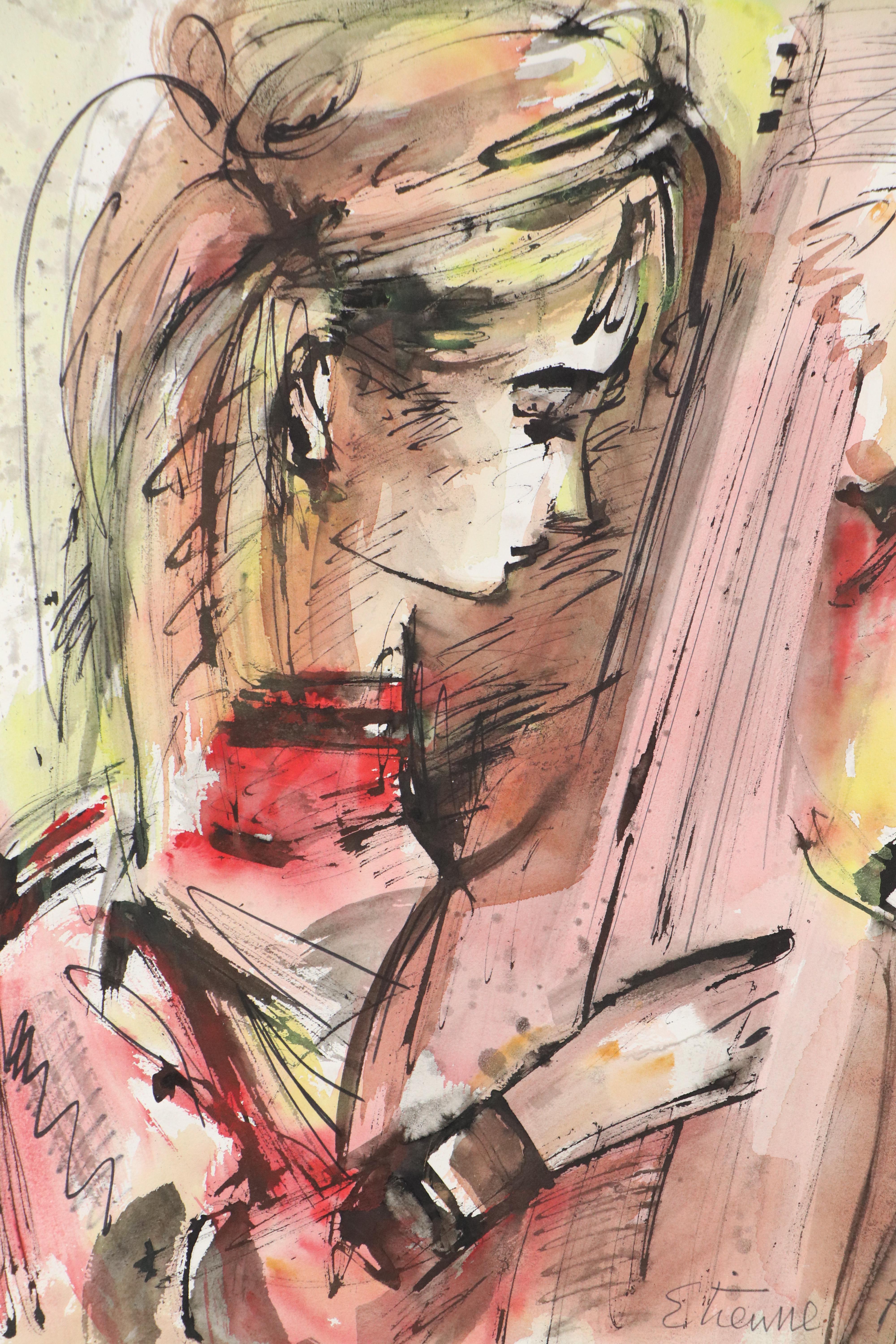 Etienne Ret Watercolor Painting "Lady with Guitar" and Print, Mid-20th Century