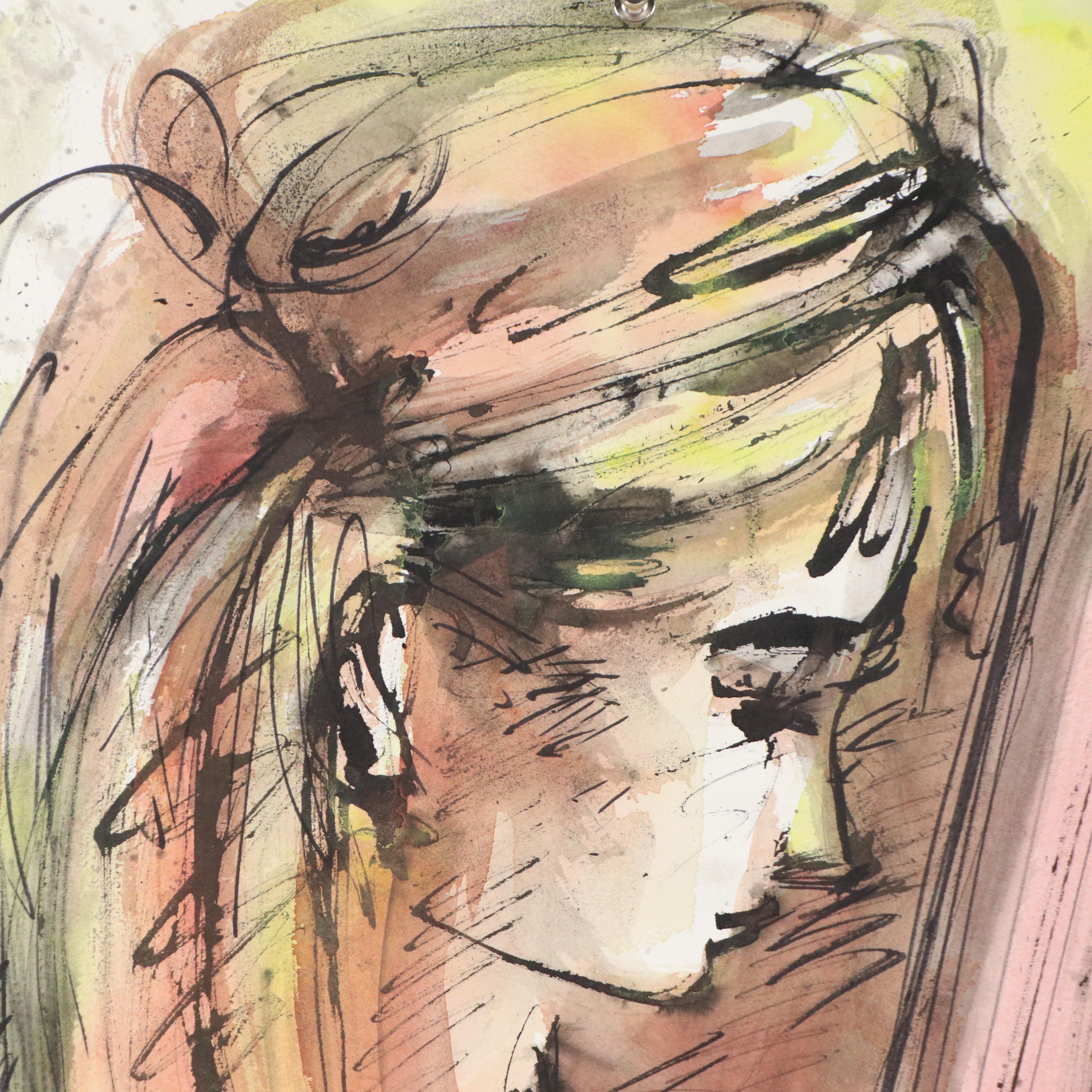 Etienne Ret Watercolor Painting "Lady with Guitar" and Print, Mid-20th Century