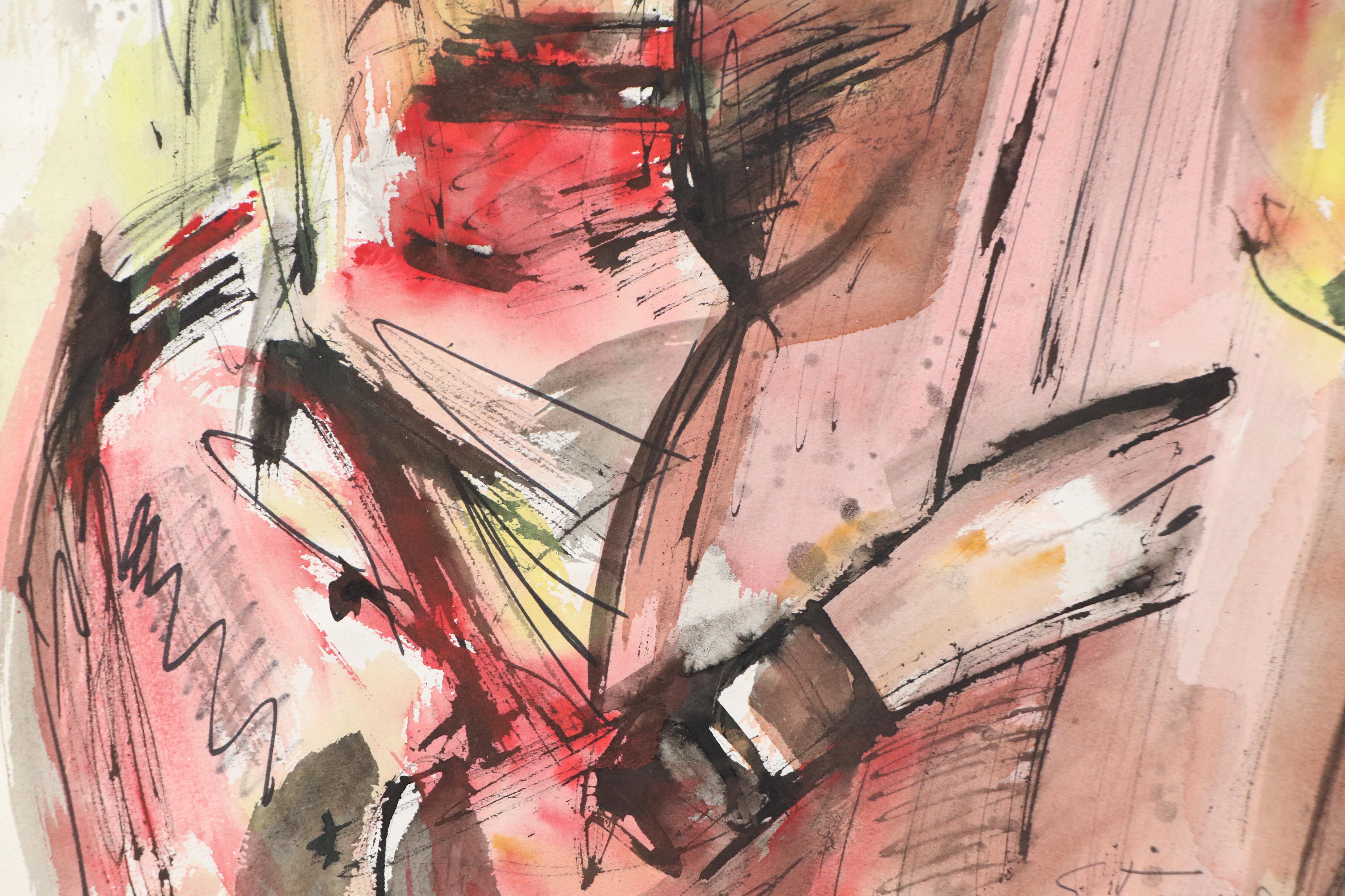 Etienne Ret Watercolor Painting "Lady with Guitar" and Print, Mid-20th Century