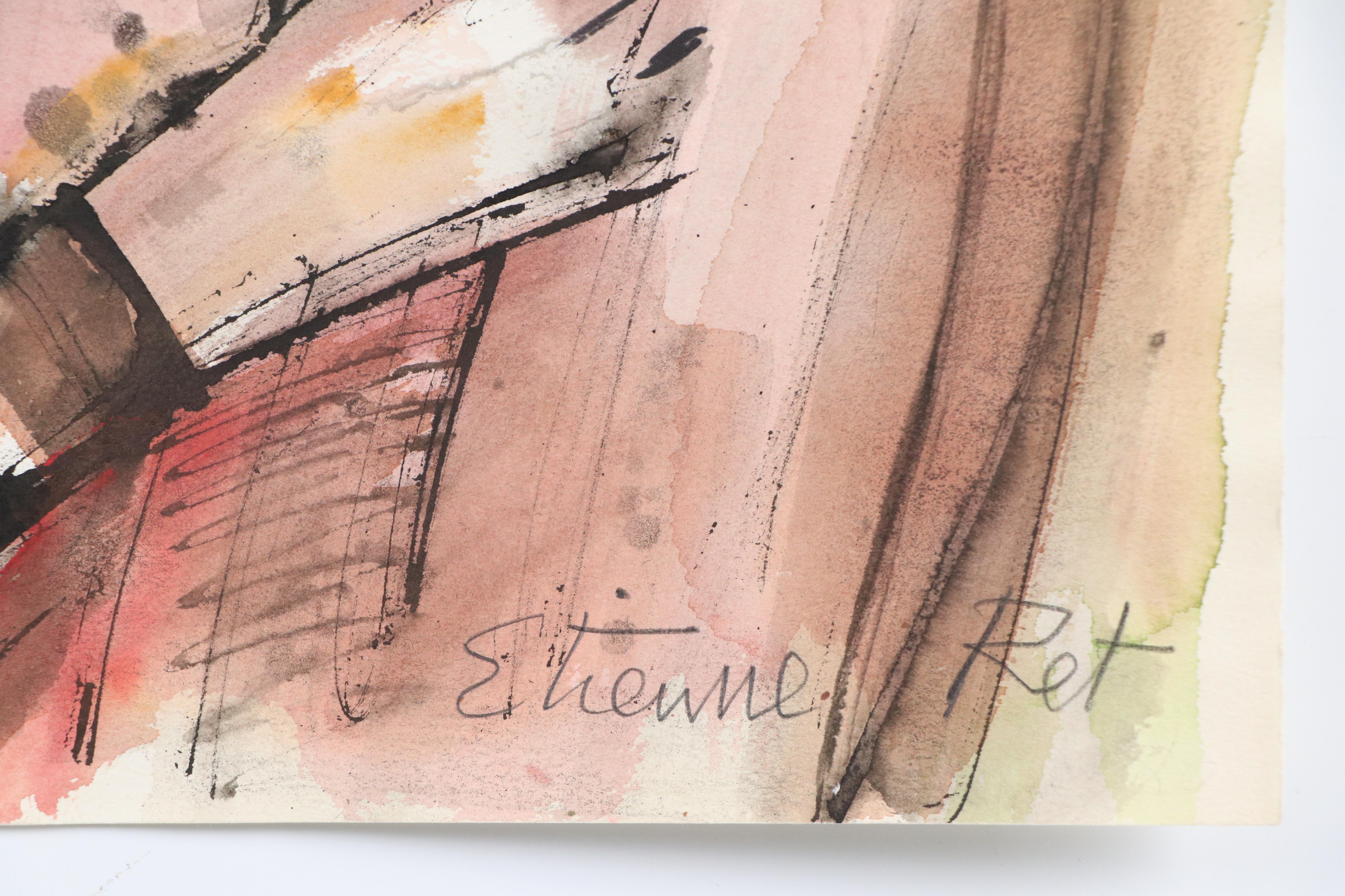 Etienne Ret Watercolor Painting "Lady with Guitar" and Print, Mid-20th Century