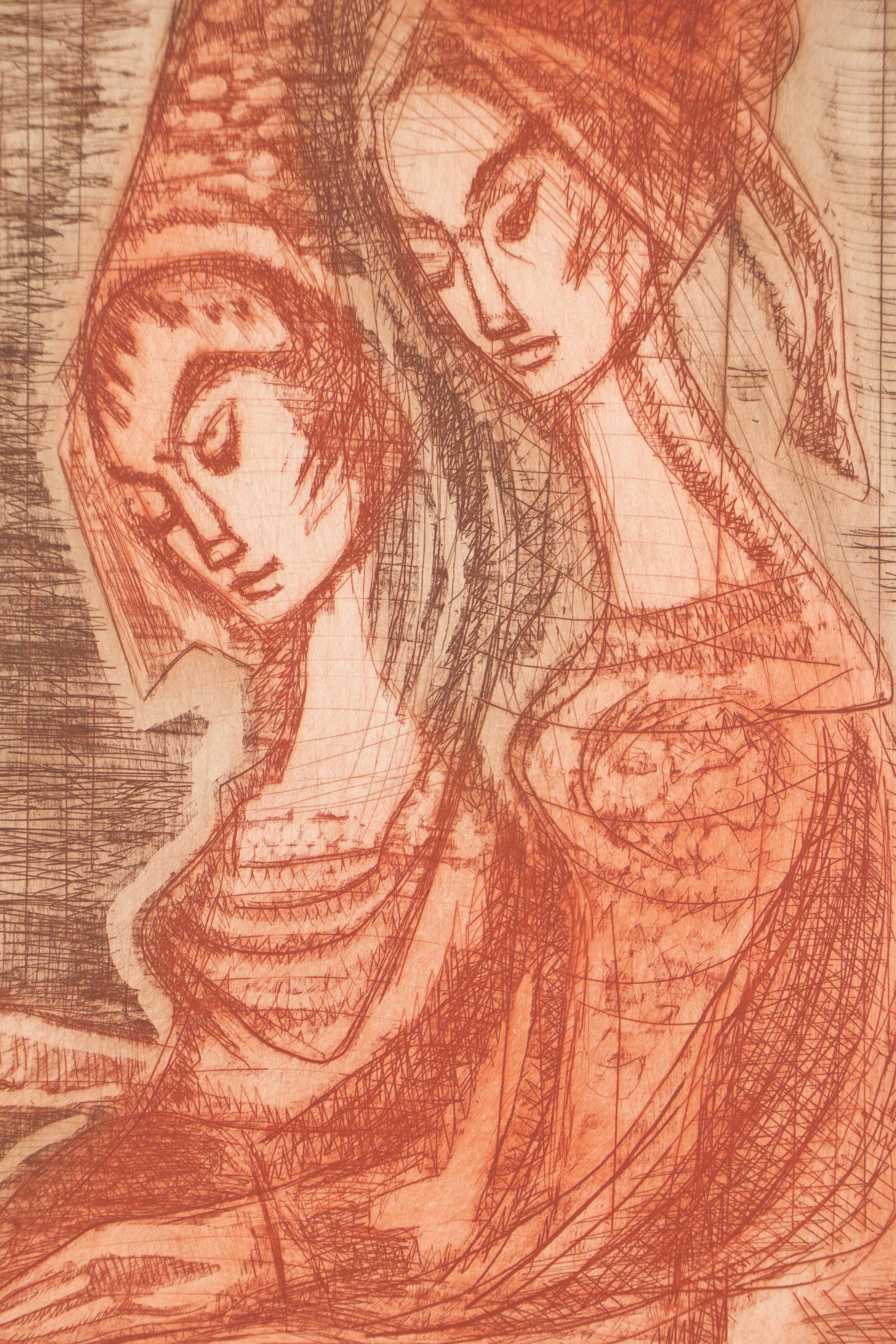 Etienne Ret Watercolor Painting "Lady with Guitar" and Print, Mid-20th Century