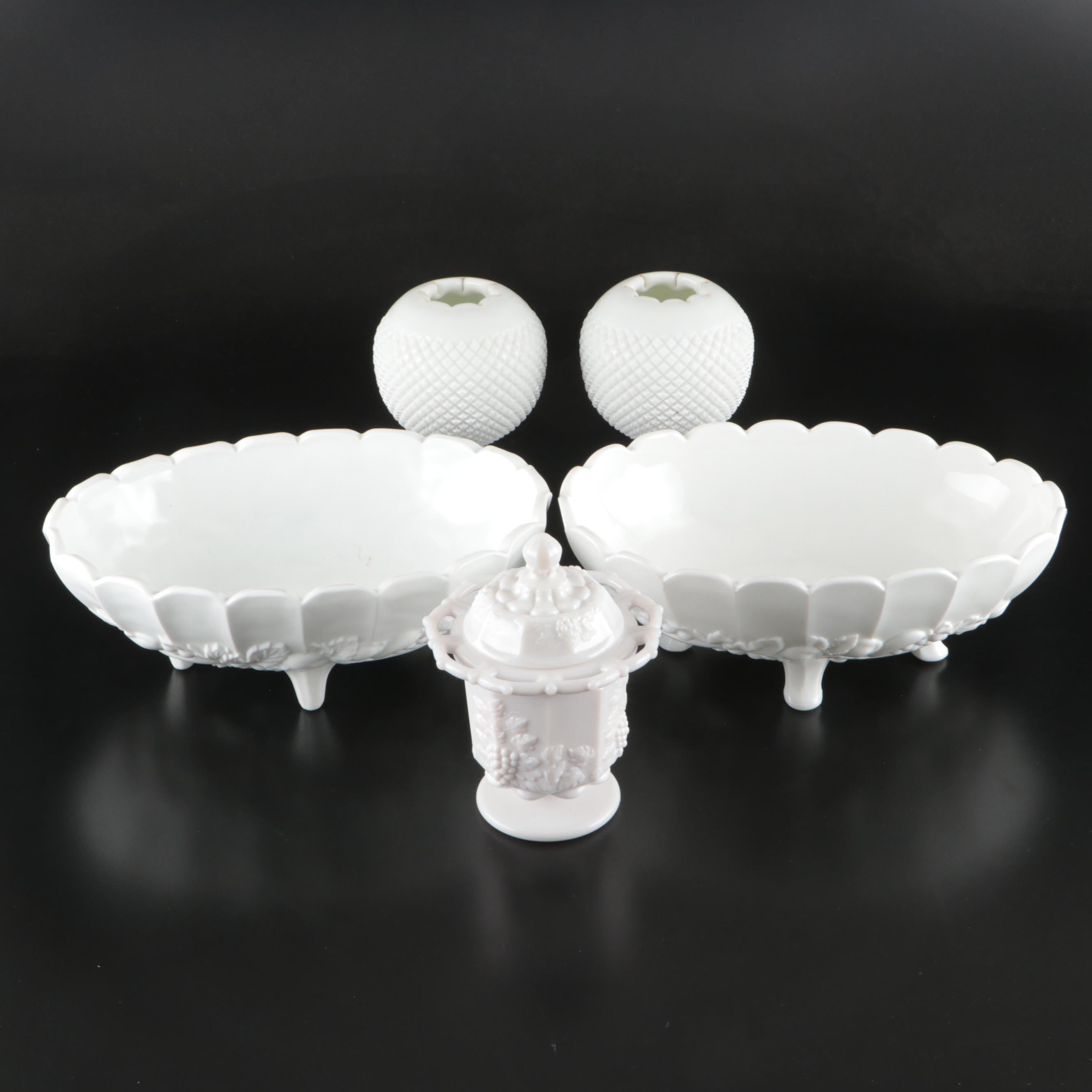 Indiana Glass "Garland" Fruit Bowls with Westmoreland Ivy Balls and Lidded Jar