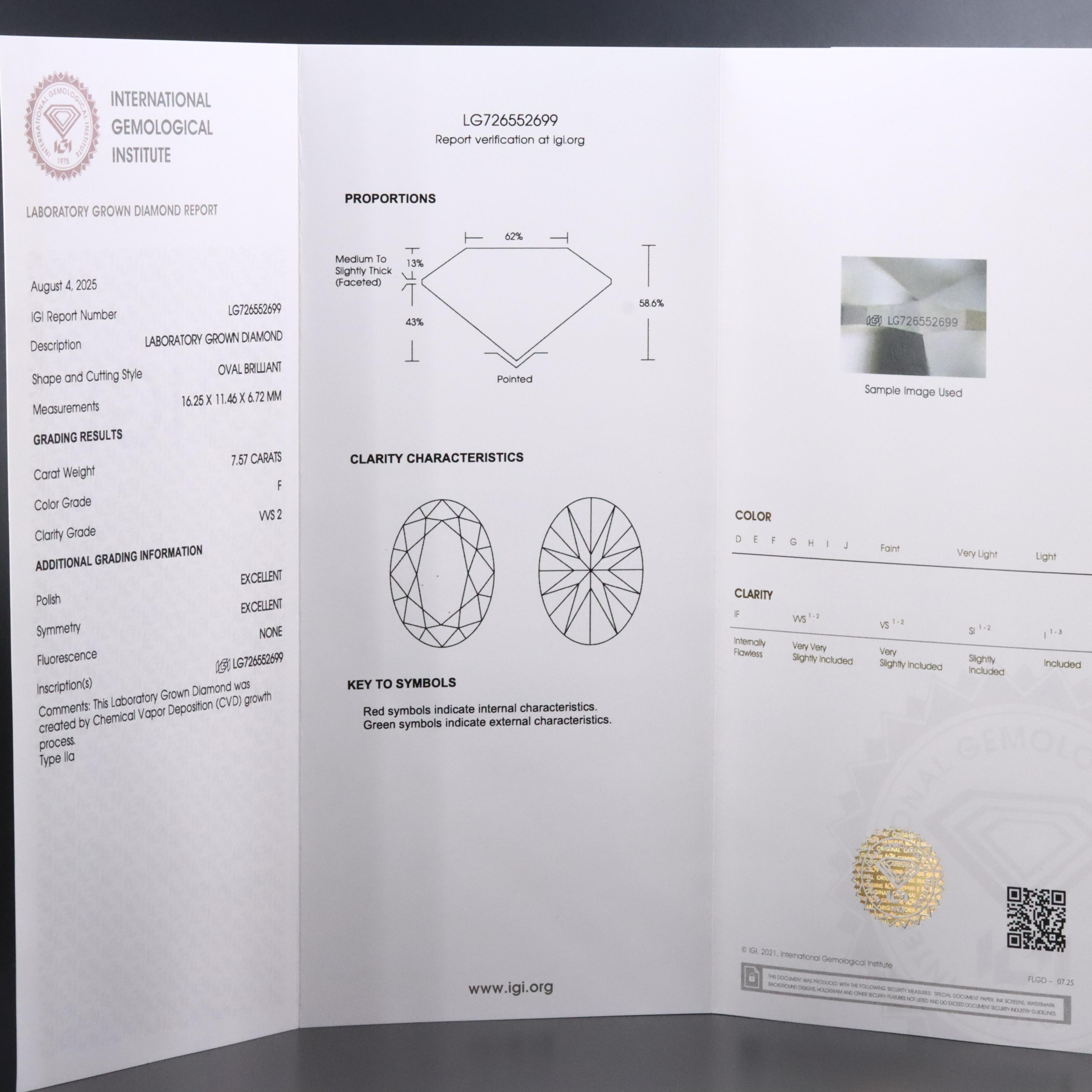 Loose 7.57 CT Lab Grown Diamond with IGI Report