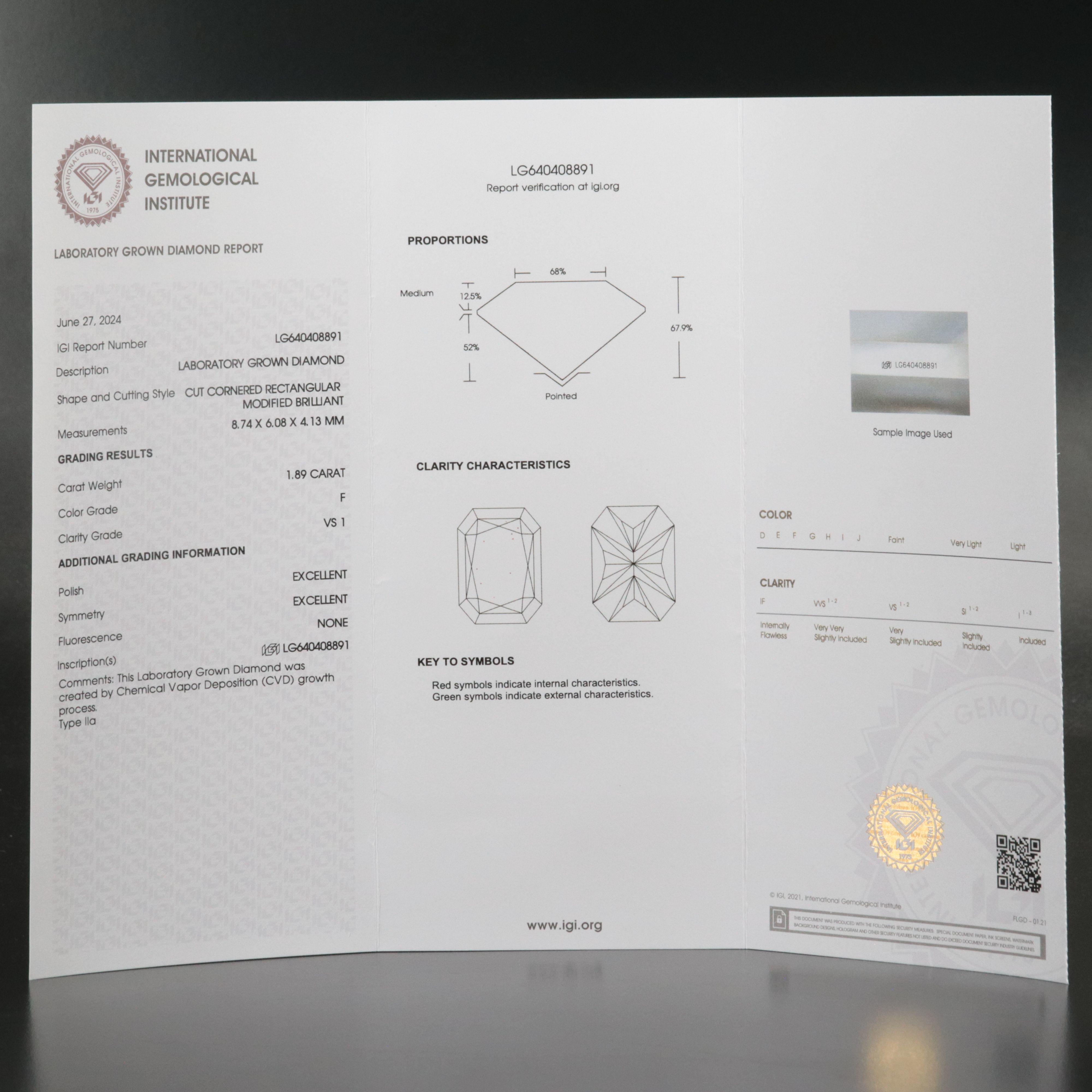 Loose 1.89 CT Lab Grown Diamond with IGI Report