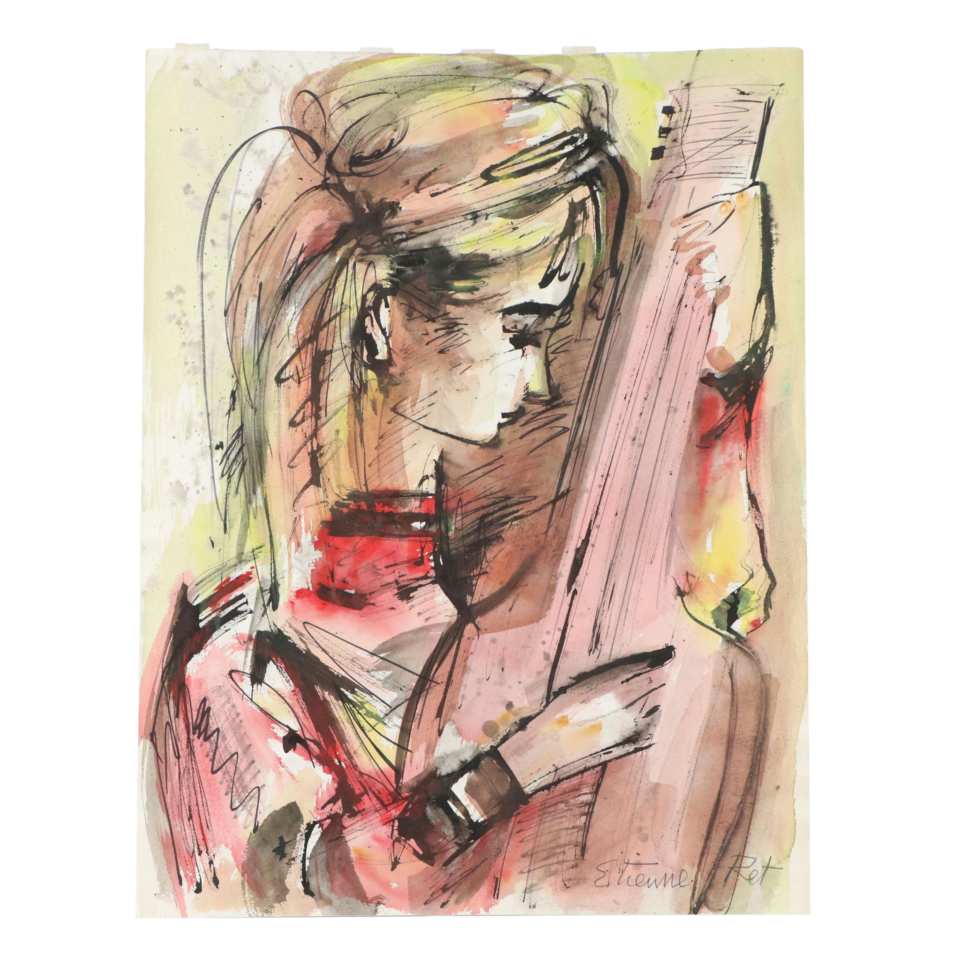 Etienne Ret Watercolor Painting "Lady with Guitar" and Print, Mid-20th Century