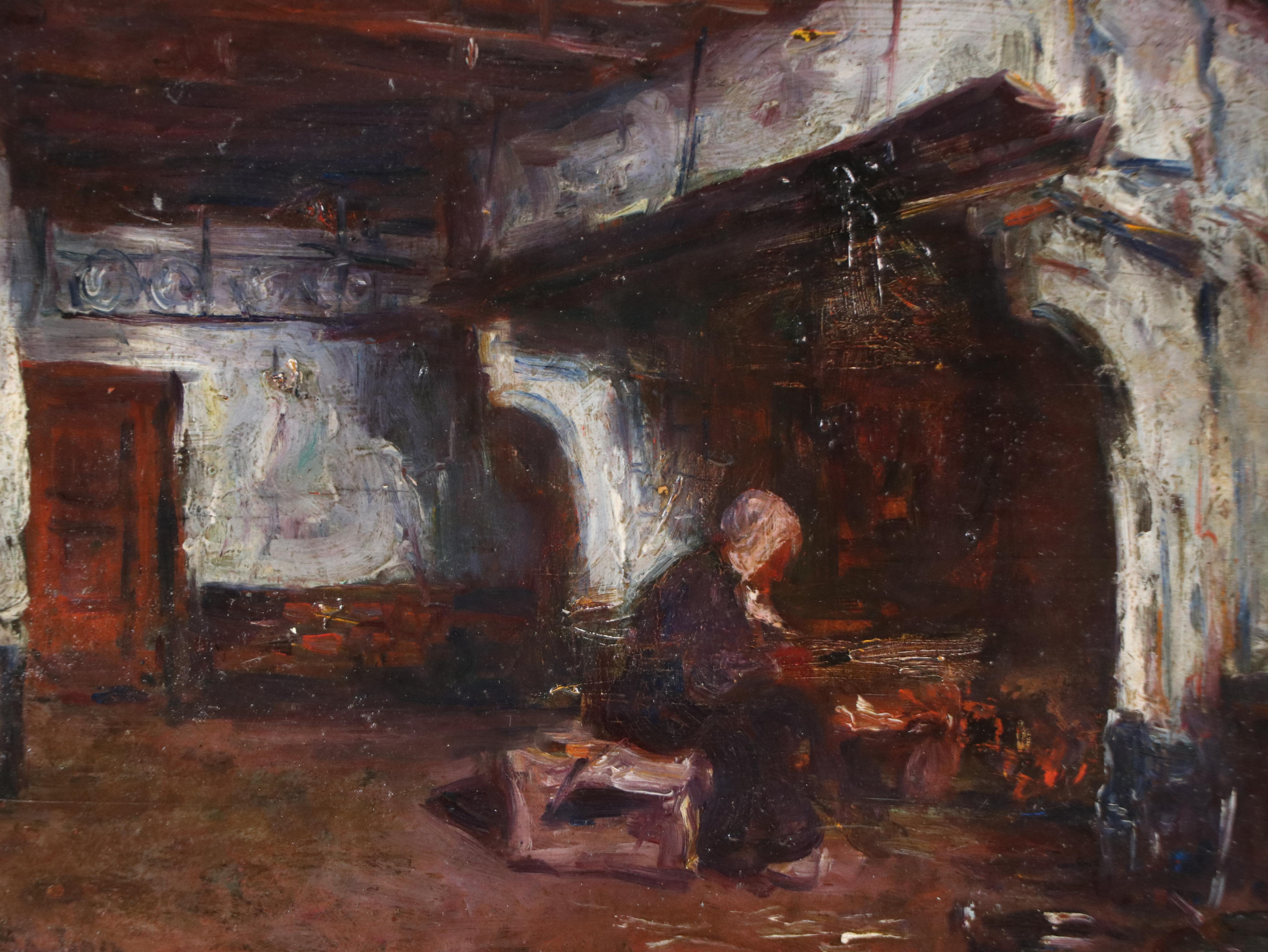 European School Interior Genre Oil Painting, 19th Century