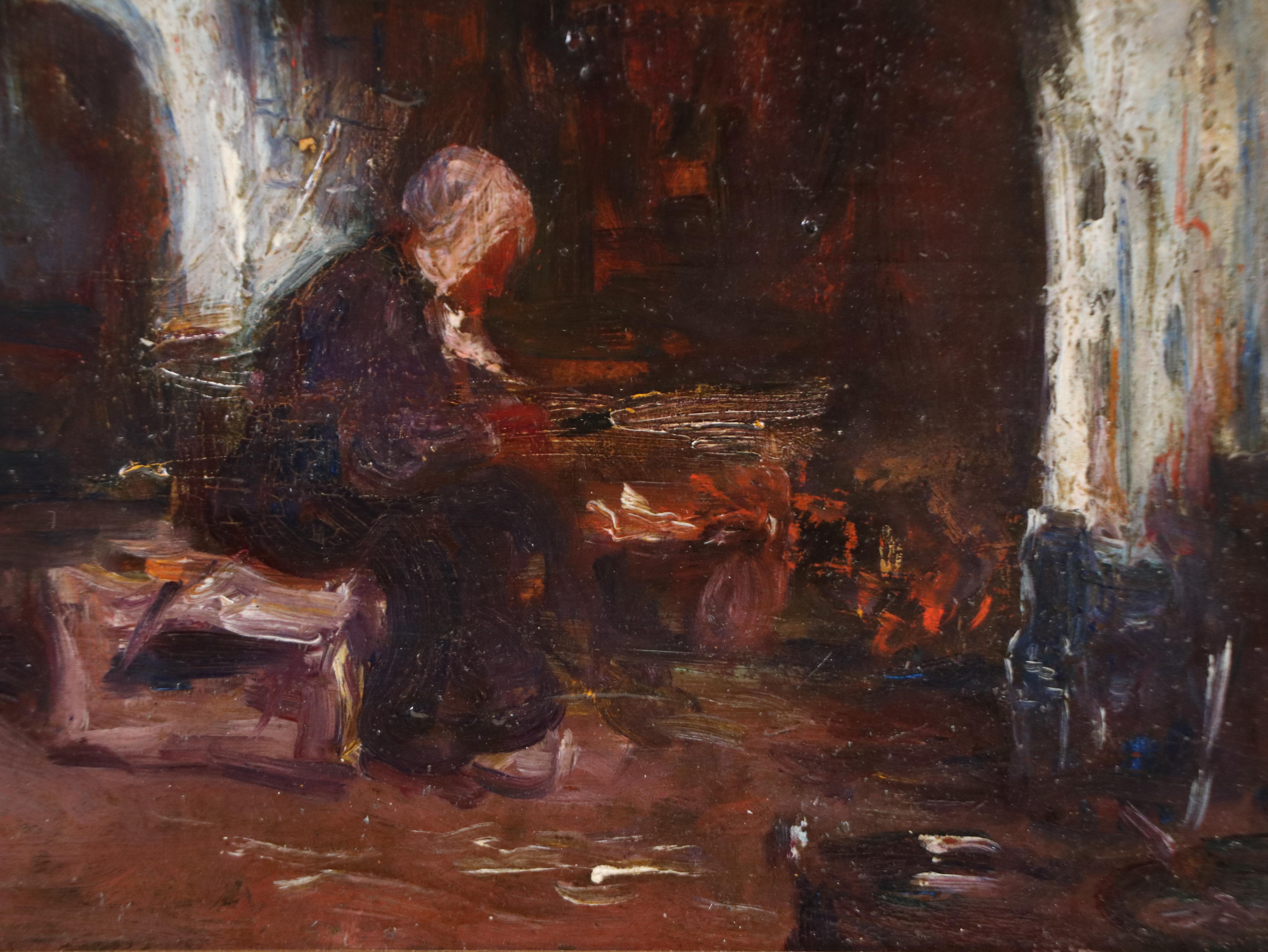 European School Interior Genre Oil Painting, 19th Century