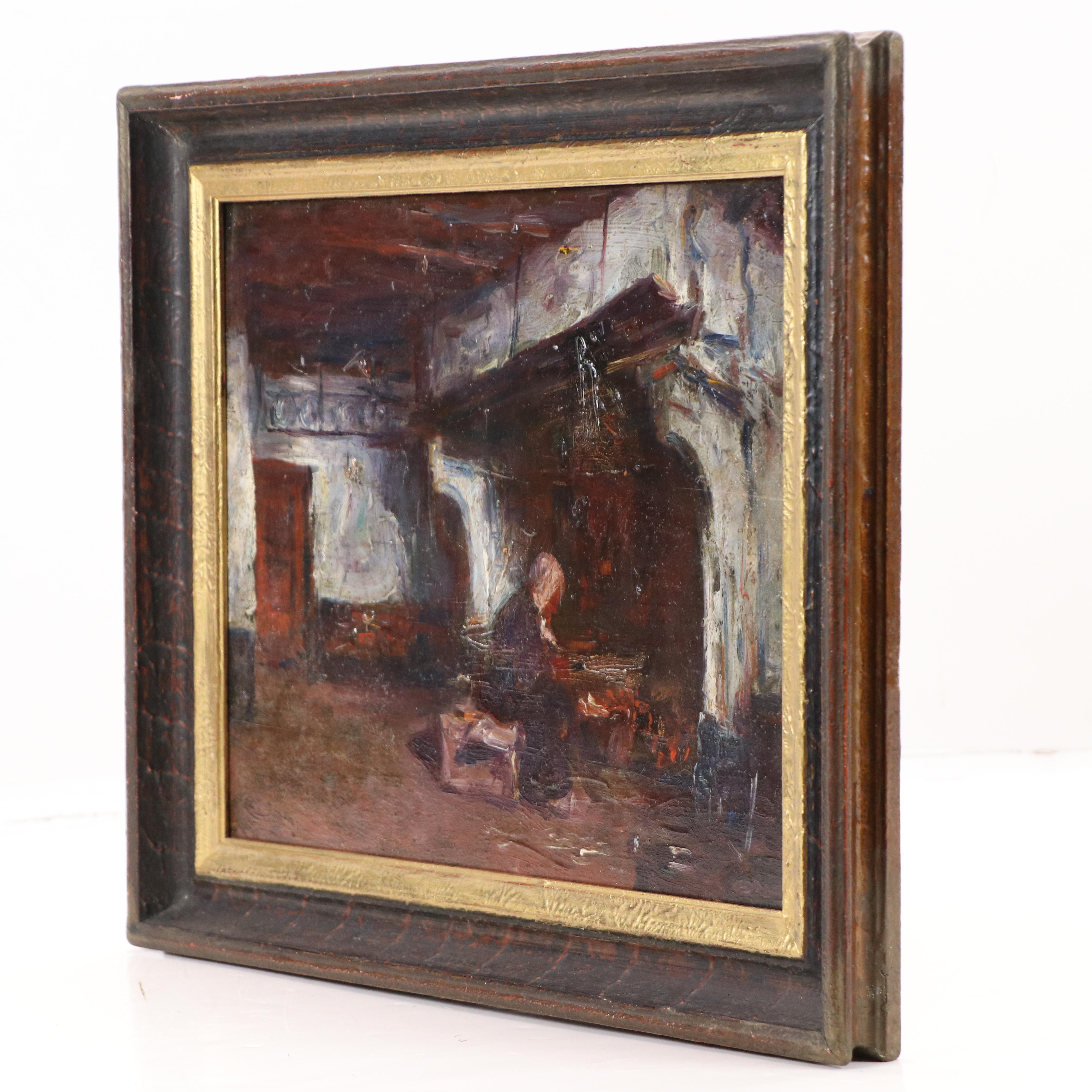 European School Interior Genre Oil Painting, 19th Century