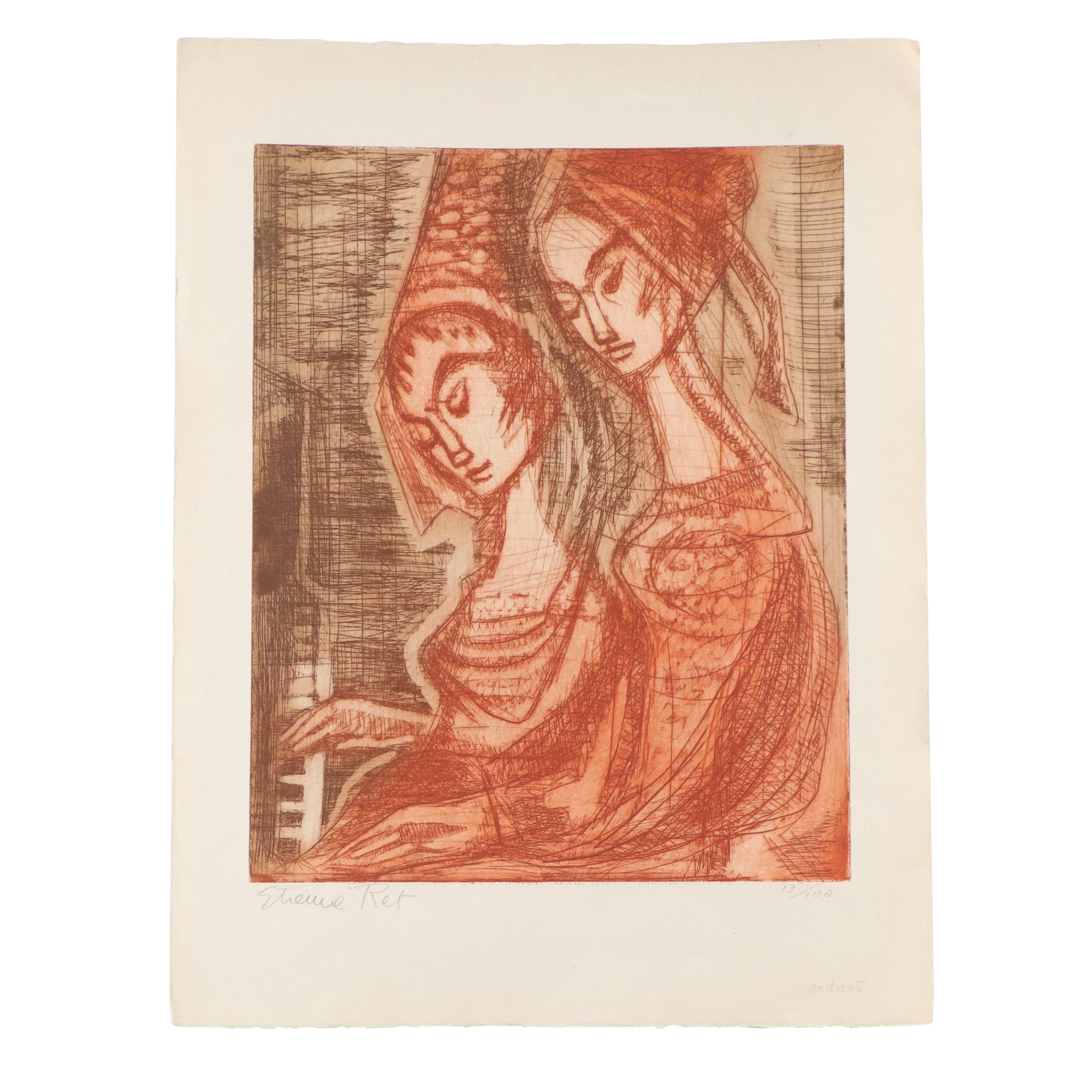 Etienne Ret Watercolor Painting "Lady with Guitar" and Print, Mid-20th Century