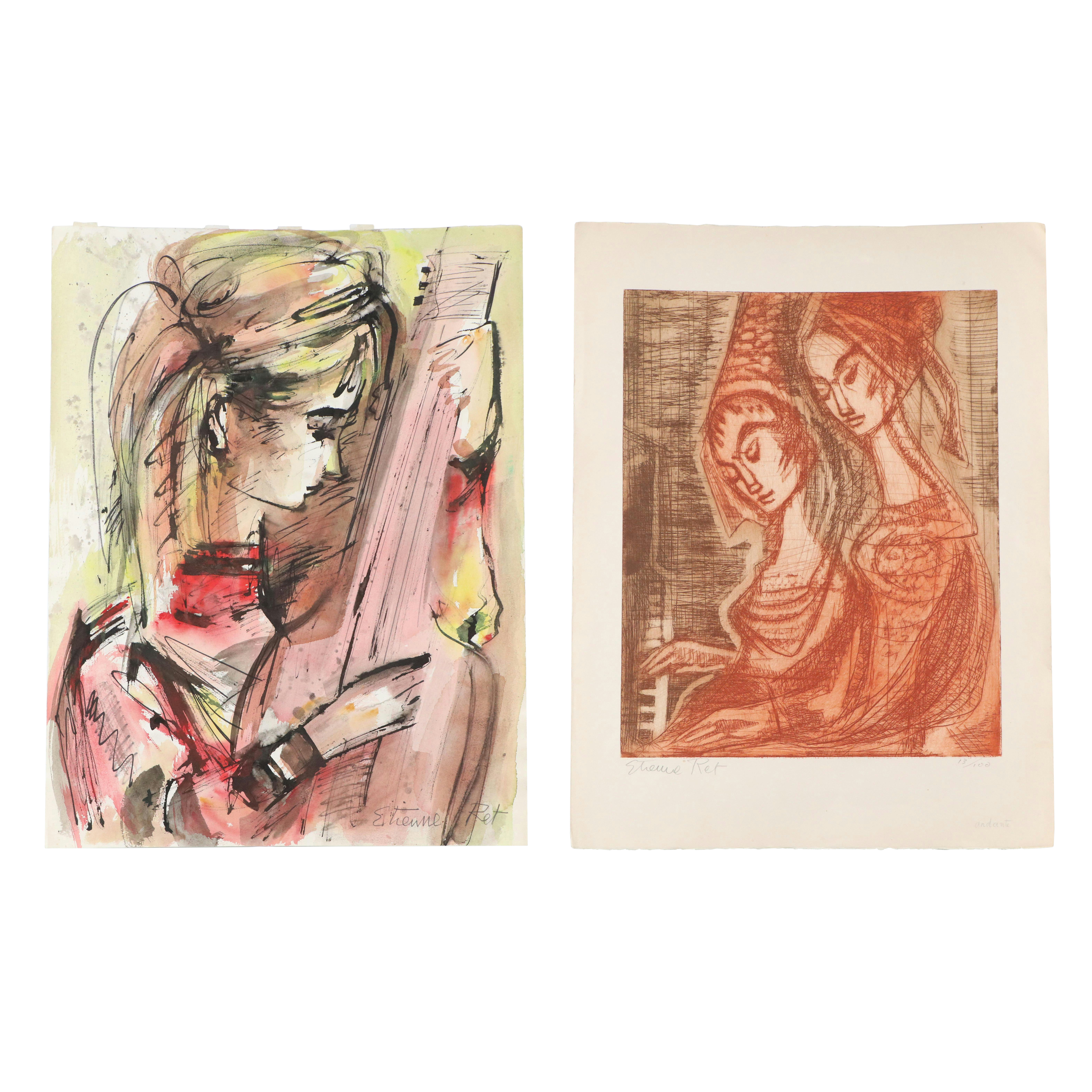 Etienne Ret Watercolor Painting "Lady with Guitar" and Print, Mid-20th Century