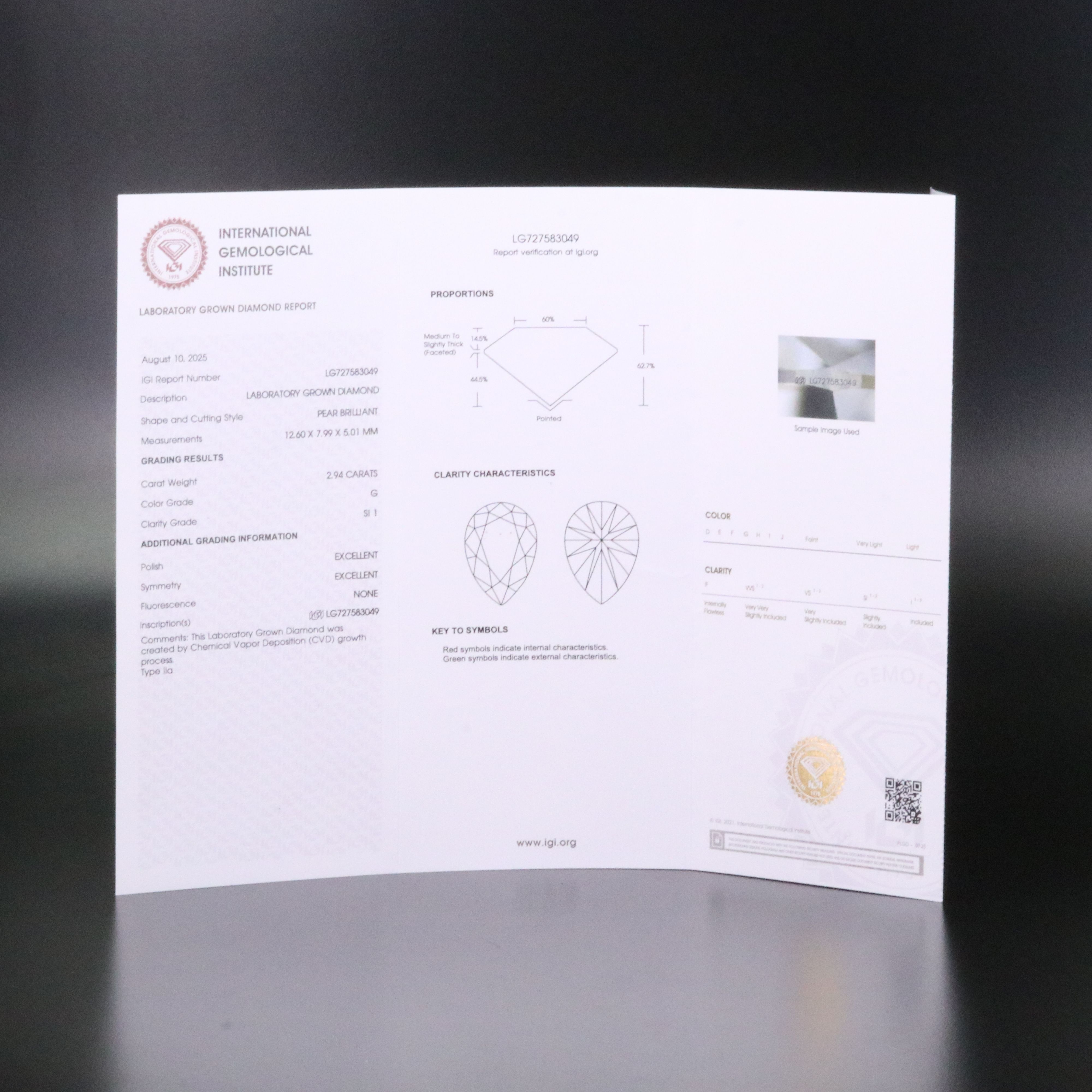 Loose 2.94 CT Lab Grown Diamond with IGI Report