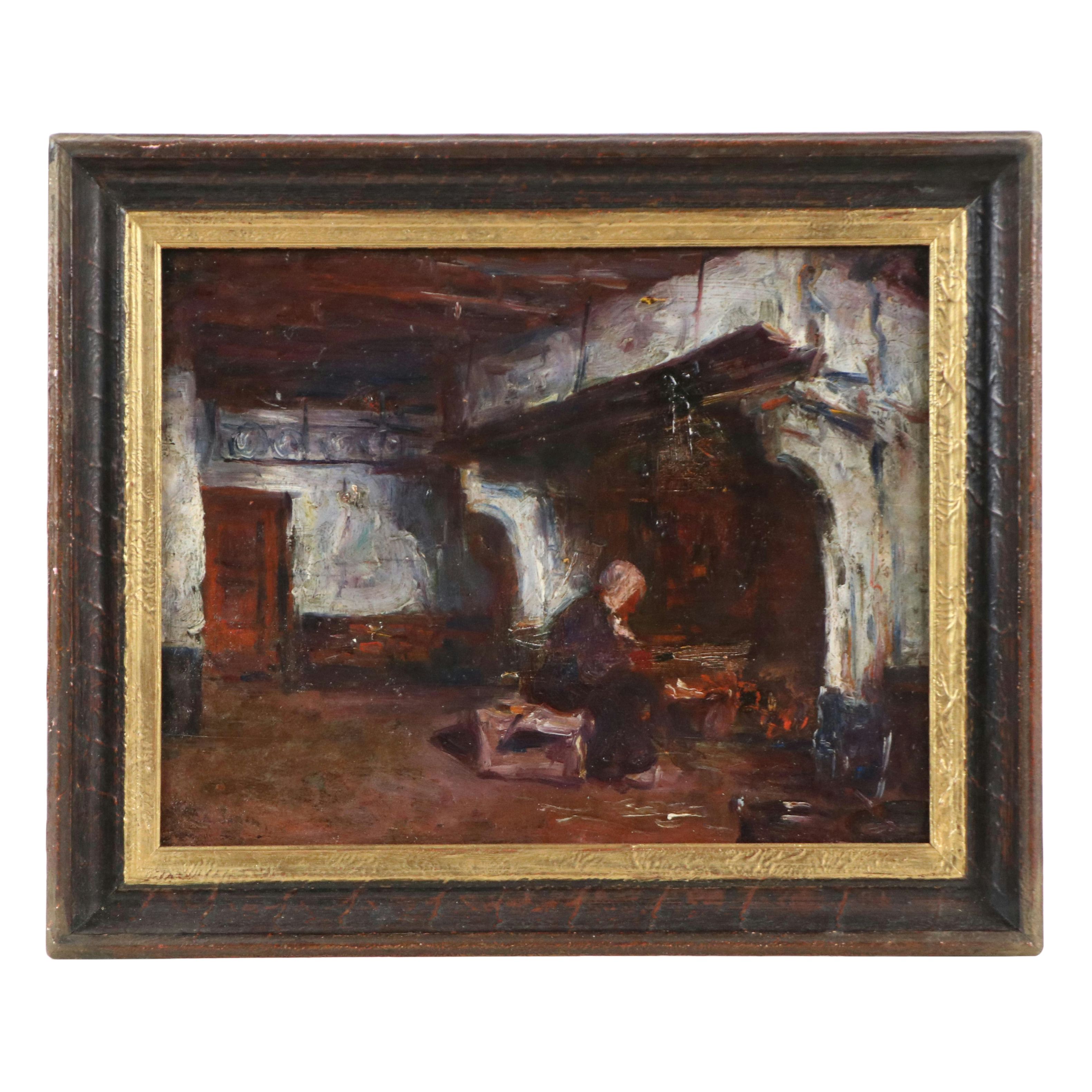 European School Interior Genre Oil Painting, 19th Century