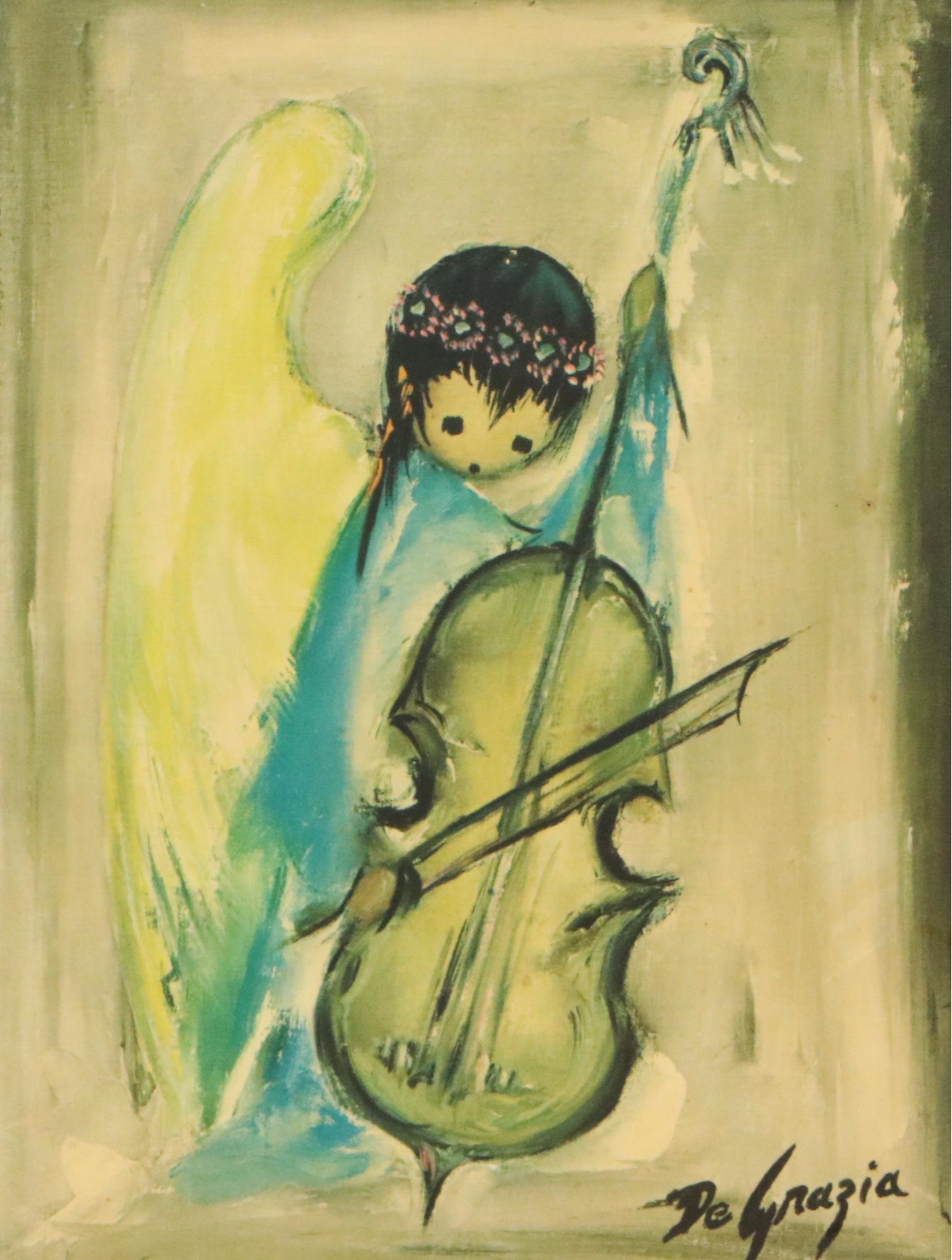 Ted De Grazia Offset Lithograph of Angel Playing Cello, Mid-20th Century